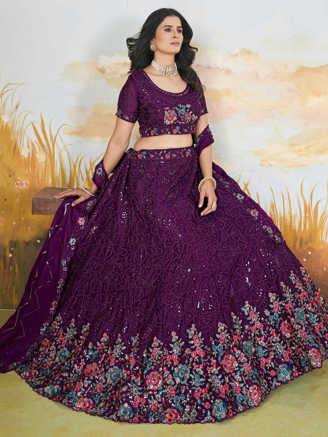 Attractive Purple Sequins Chinon Reception Wear Lehenga Choli
