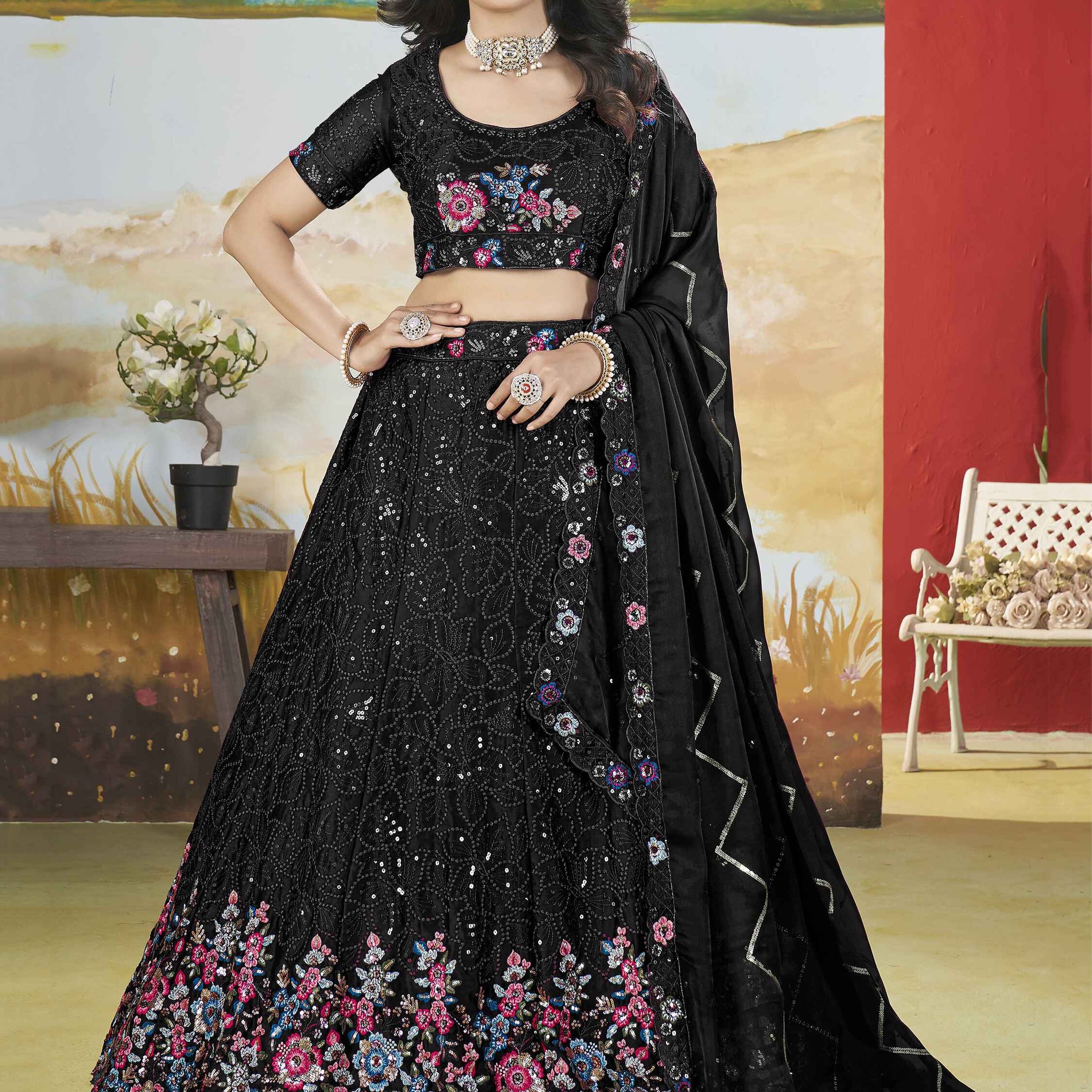 Gorgeous Black Thread Work Chinon Designer Lehenga Choli With Dupatta