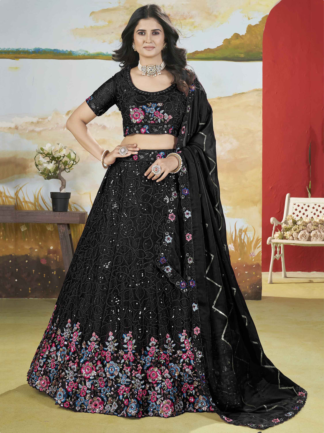 Gorgeous Black Thread Work Chinon Designer Lehenga Choli With Dupatta