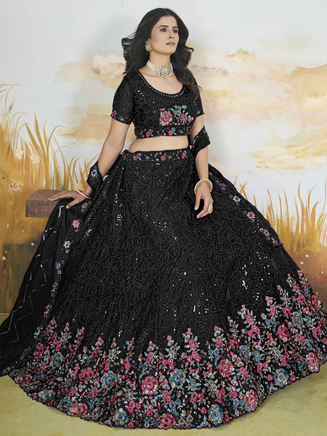 Gorgeous Black Thread Work Chinon Designer Lehenga Choli With Dupatta