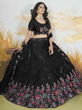Gorgeous Black Thread Work Chinon Designer Lehenga Choli With Dupatta