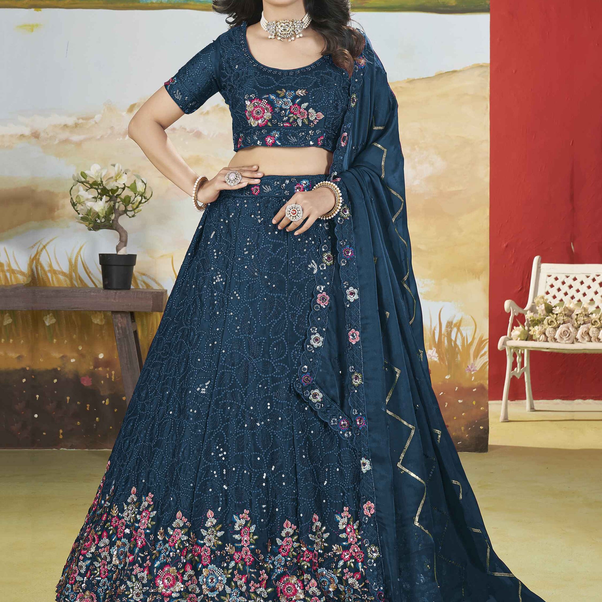 Awesome Teal Blue Sequins Chinon Wedding Wear Lehenga Choli