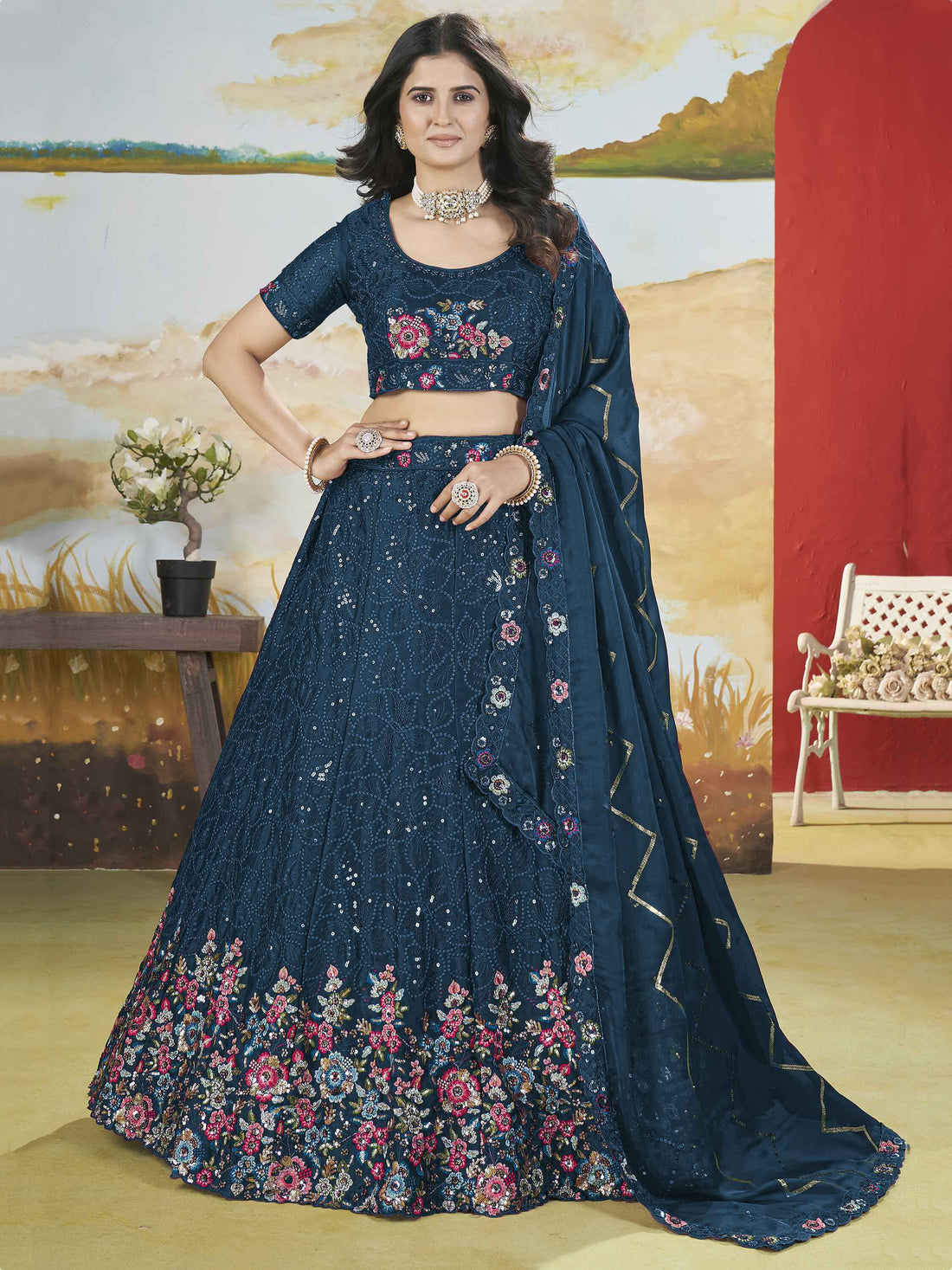 Awesome Teal Blue Sequins Chinon Wedding Wear Lehenga Choli