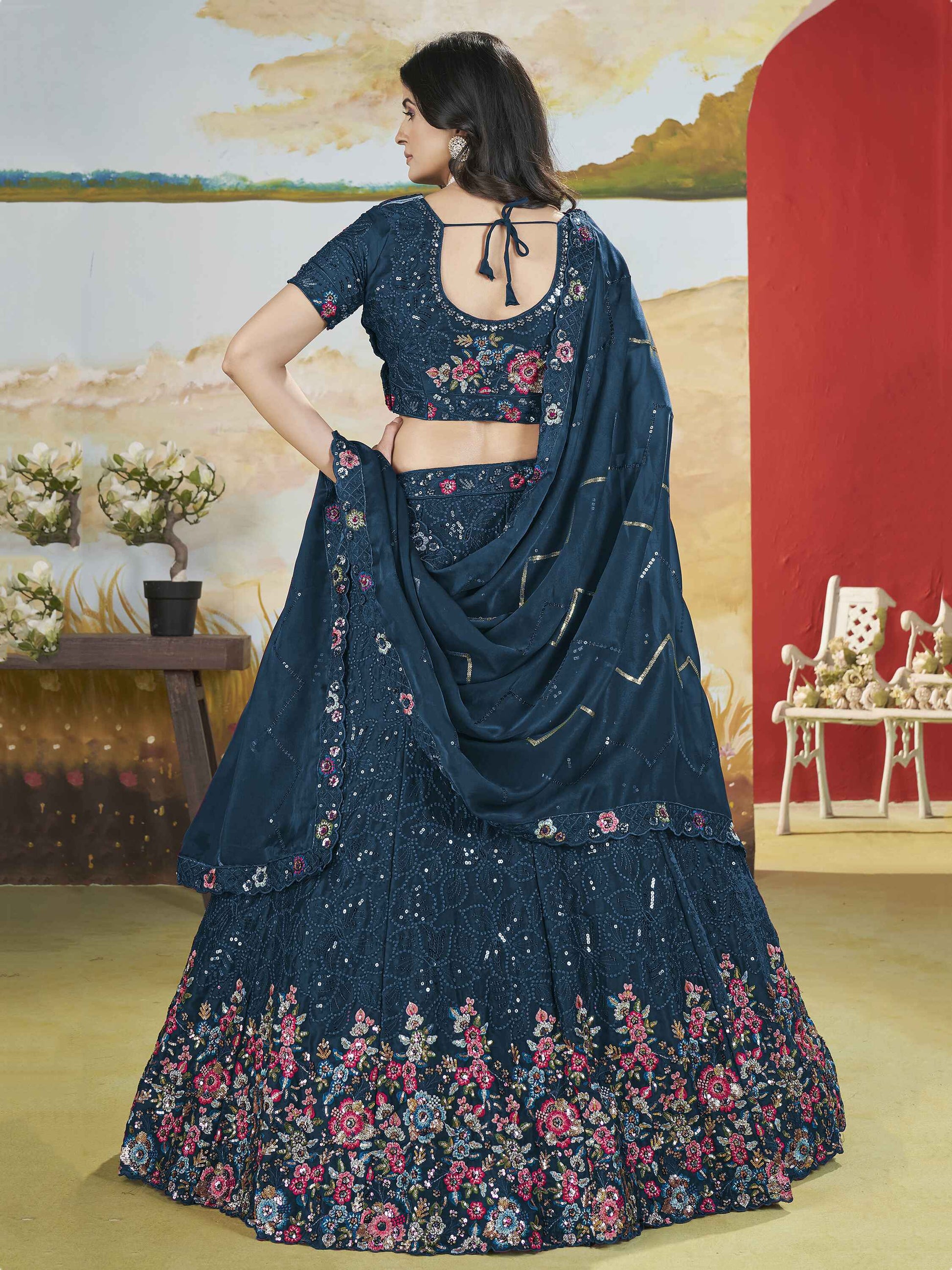 Awesome Teal Blue Sequins Chinon Wedding Wear Lehenga Choli