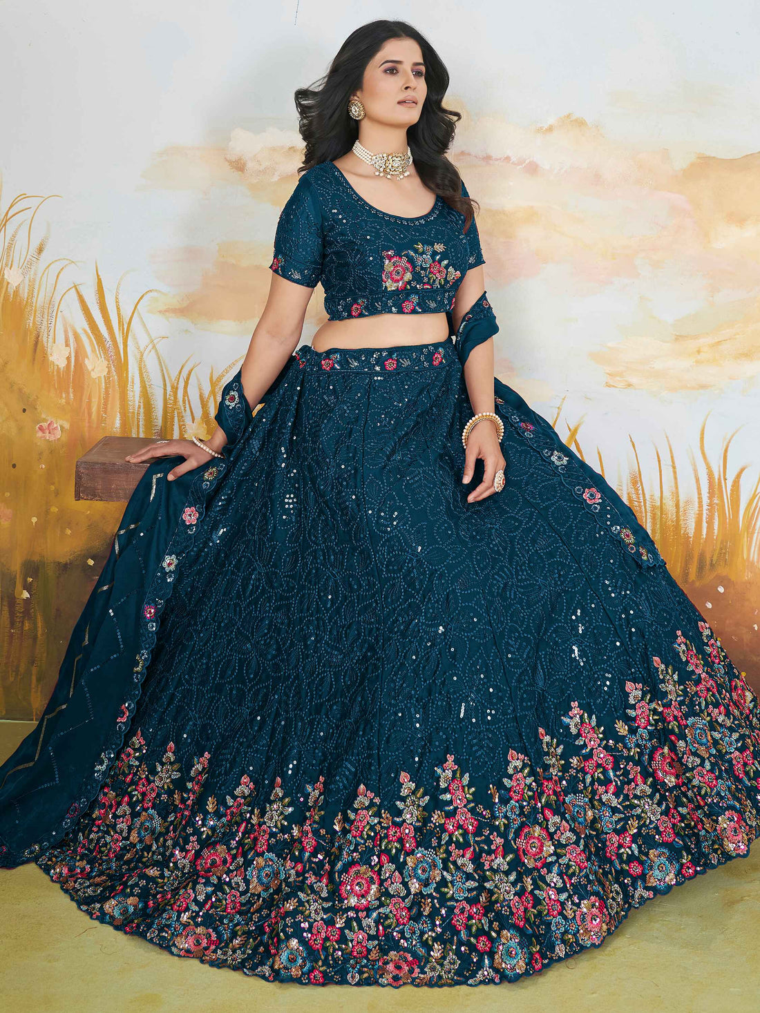 Awesome Teal Blue Sequins Chinon Wedding Wear Lehenga Choli