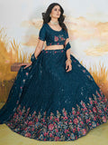 Awesome Teal Blue Sequins Chinon Wedding Wear Lehenga Choli