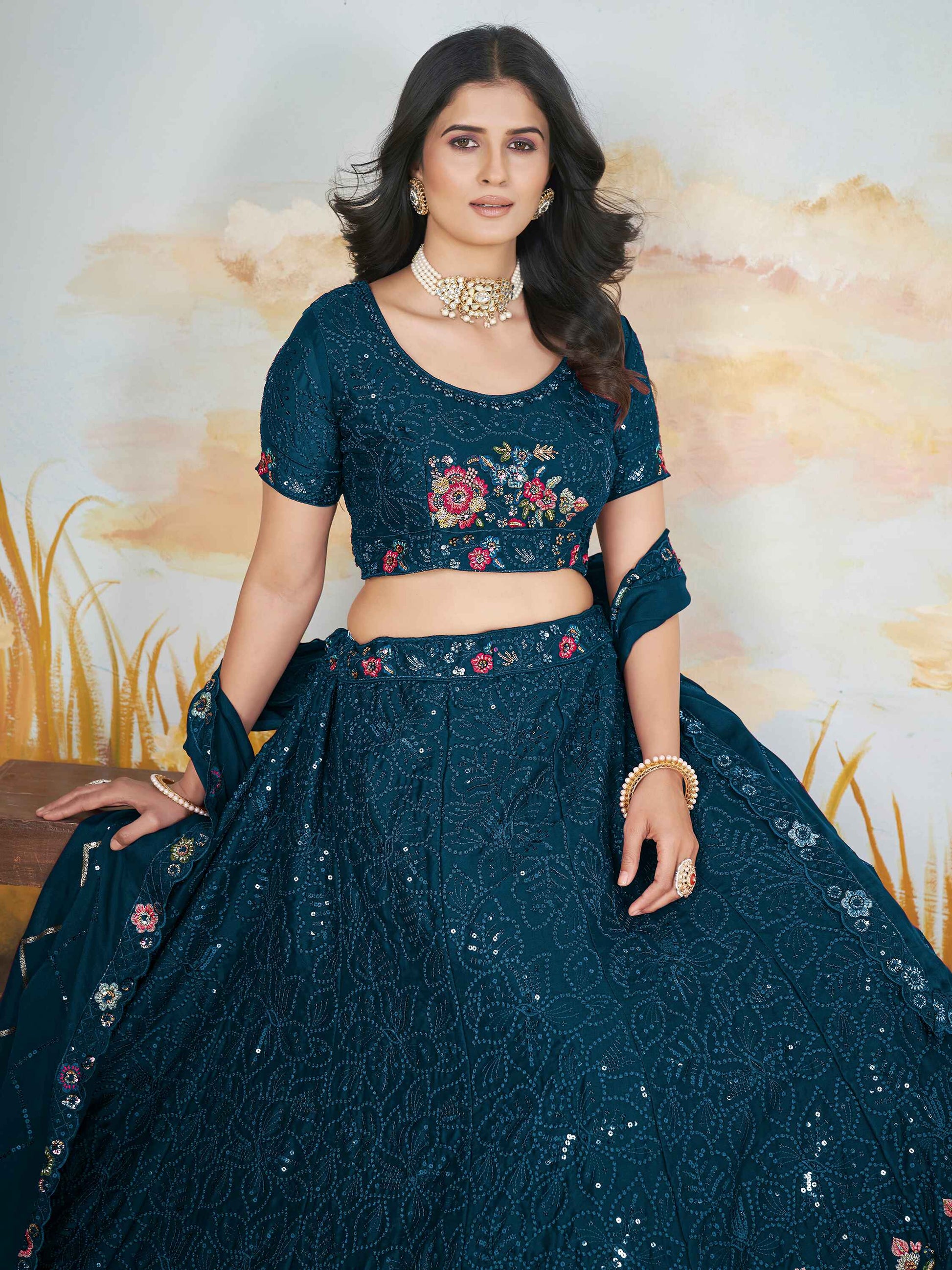 Awesome Teal Blue Sequins Chinon Wedding Wear Lehenga Choli