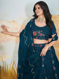 Awesome Teal Blue Sequins Chinon Wedding Wear Lehenga Choli
