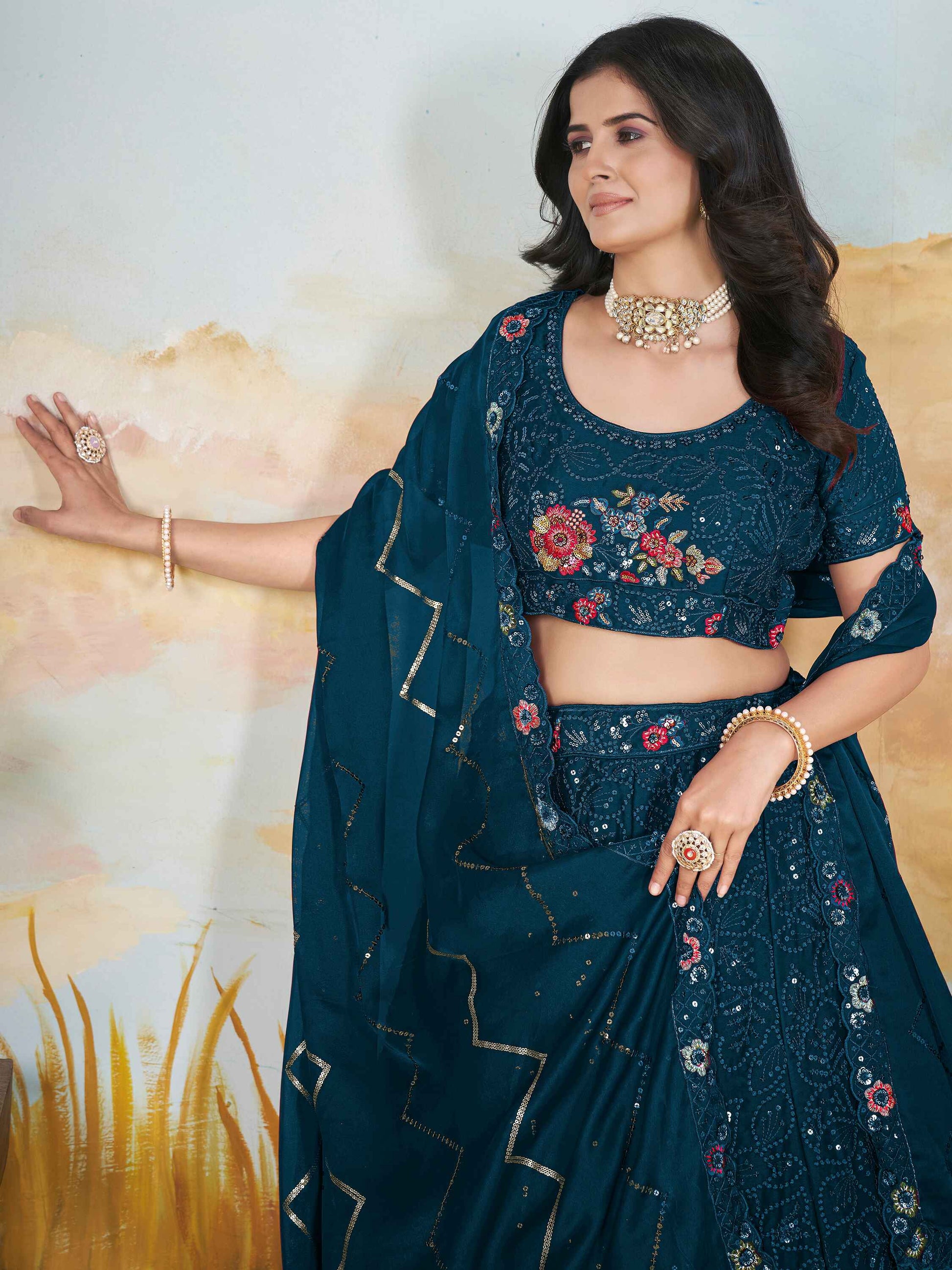Awesome Teal Blue Sequins Chinon Wedding Wear Lehenga Choli