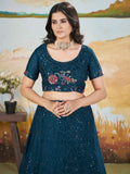 Awesome Teal Blue Sequins Chinon Wedding Wear Lehenga Choli