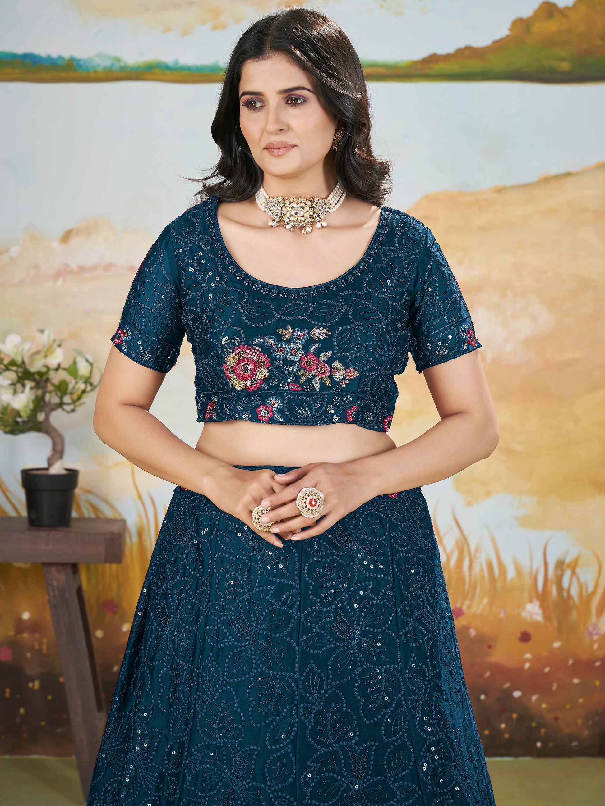 Awesome Teal Blue Sequins Chinon Wedding Wear Lehenga Choli