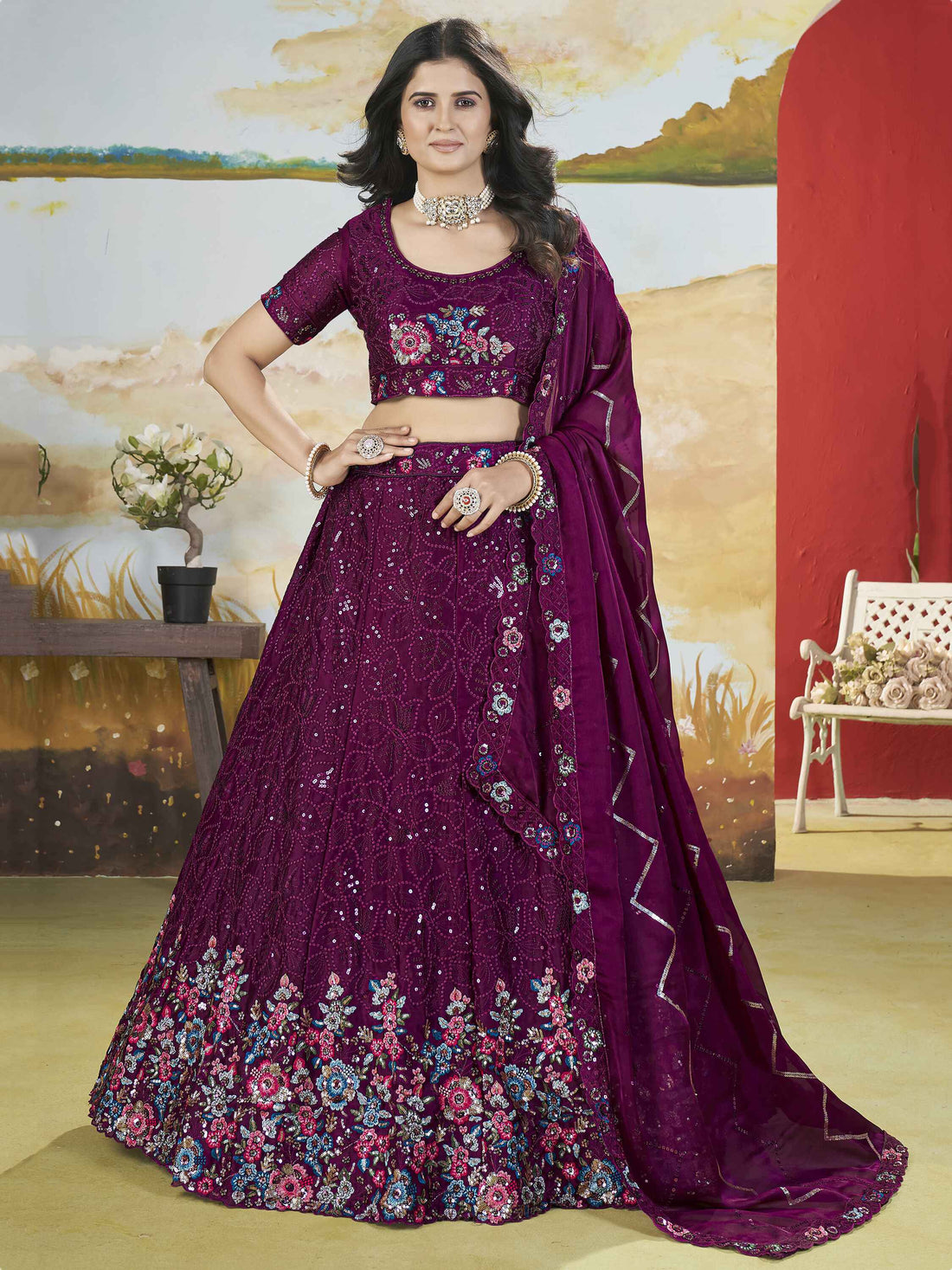 Stunning Wine Thread Work Chinon Engagement Wear Lehenga Choli