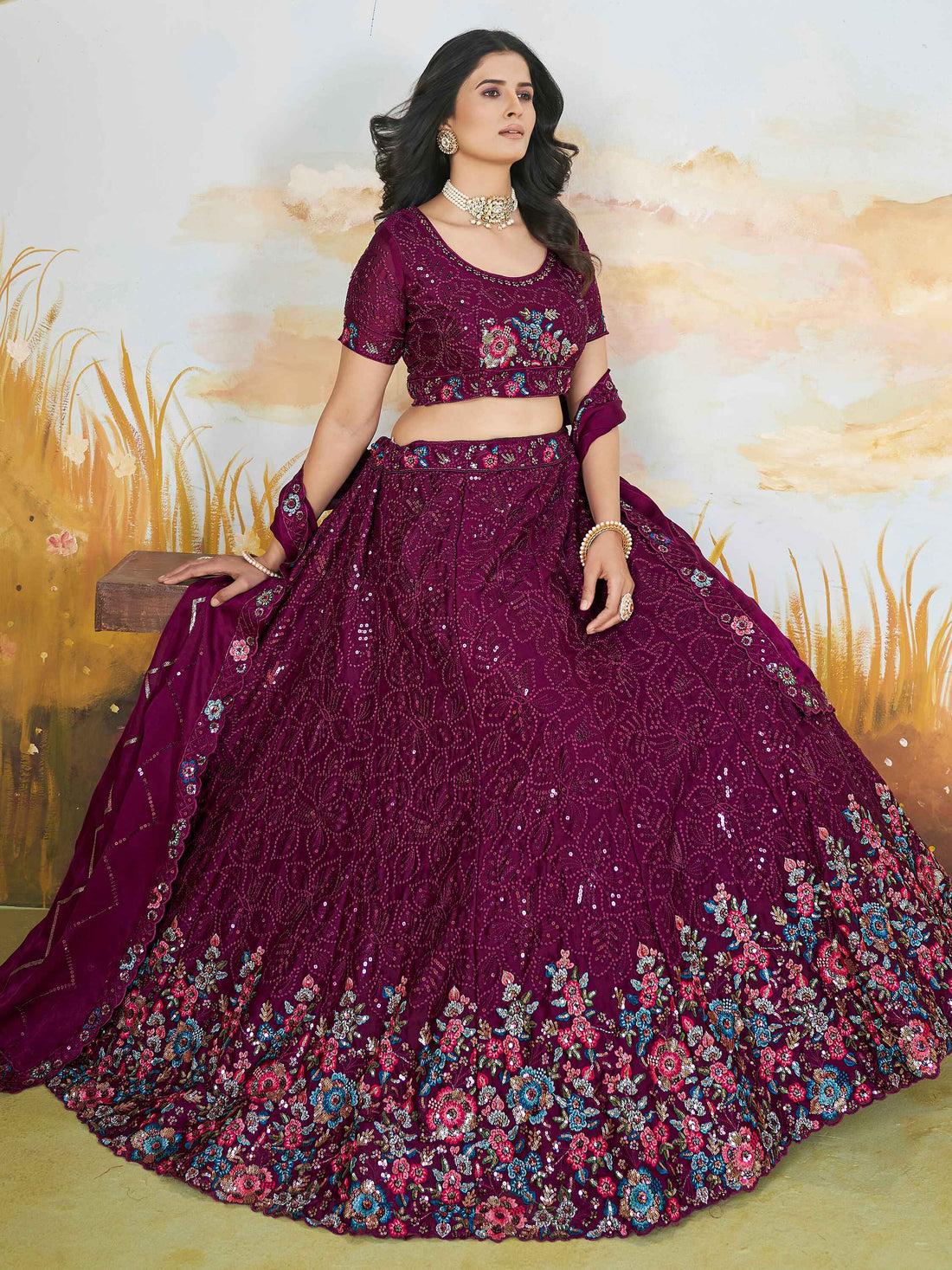 Stunning Wine Thread Work Chinon Engagement Wear Lehenga Choli