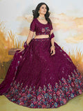 Stunning Wine Thread Work Chinon Engagement Wear Lehenga Choli