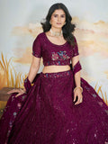 Stunning Wine Thread Work Chinon Engagement Wear Lehenga Choli