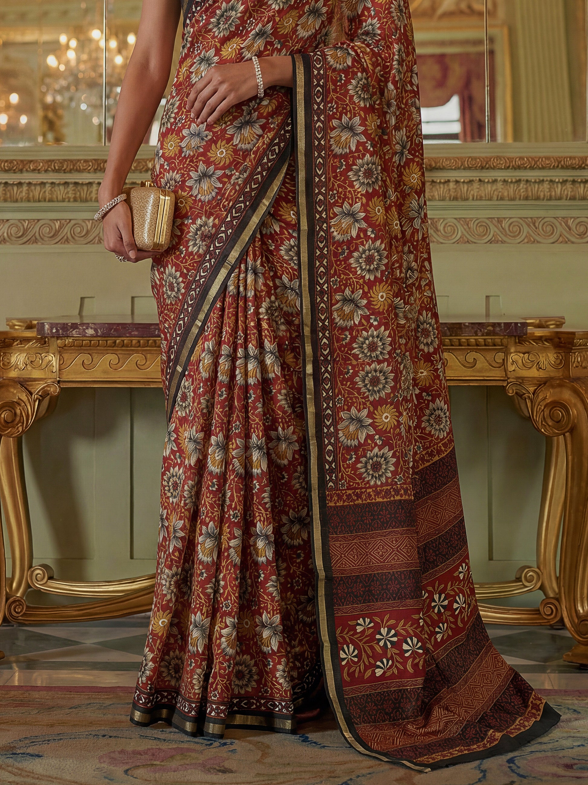 Elegant Maroon Floral Printed Silk Festival Wear Saree With Blouse