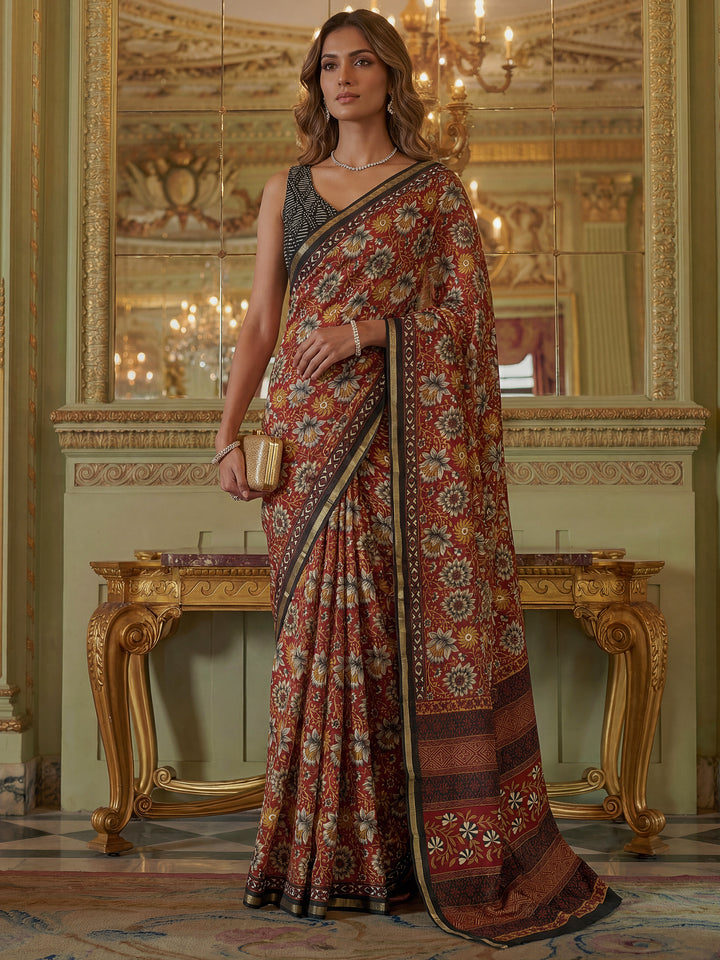 Elegant Maroon Floral Printed Silk Festival Wear Saree With Blouse