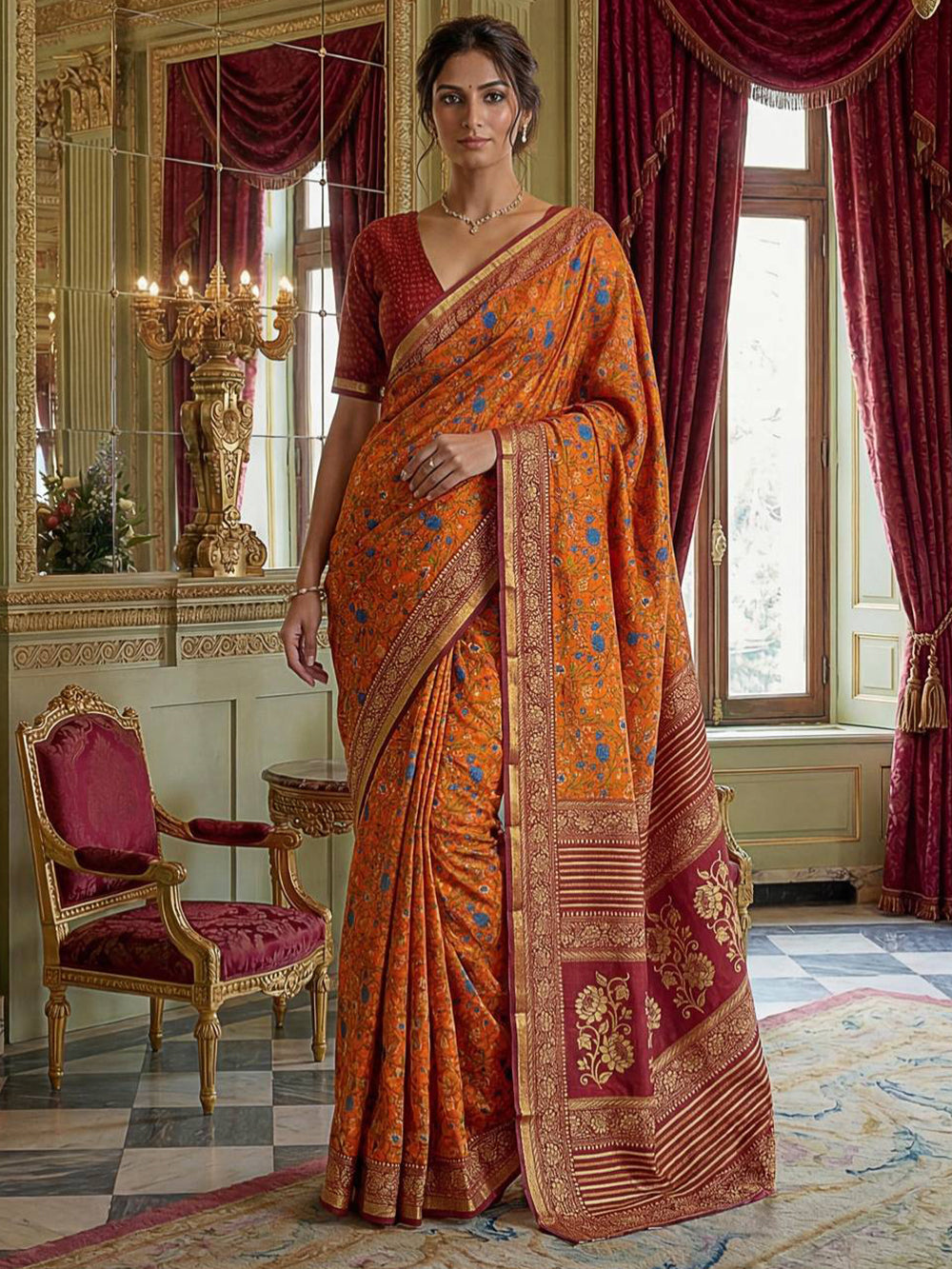 Attractive Orange Digital Printed Silk Office Wear Saree With Blouse