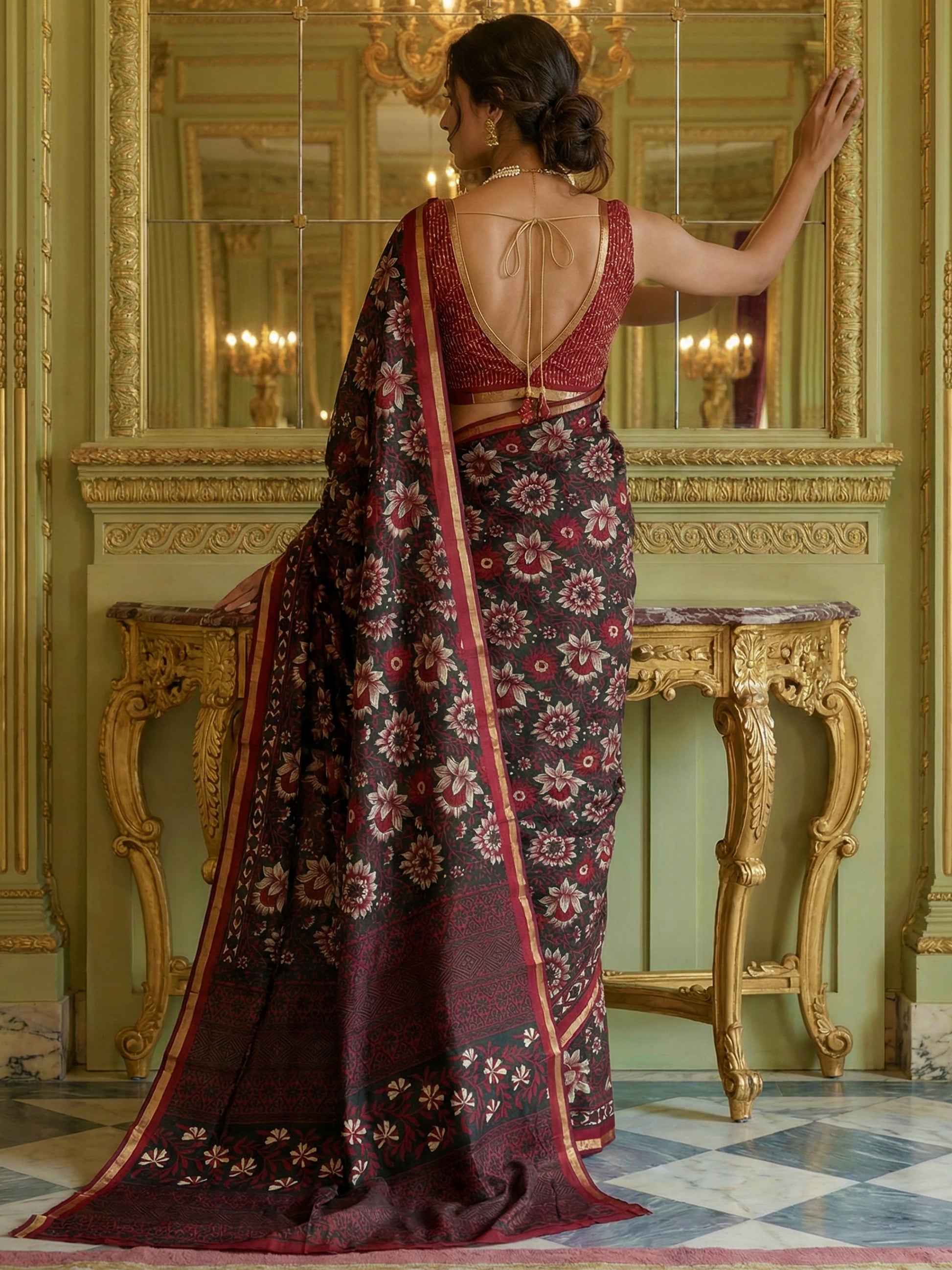 Gorgeous Black Floral Printed Silk Event Wear Saree With Blouse