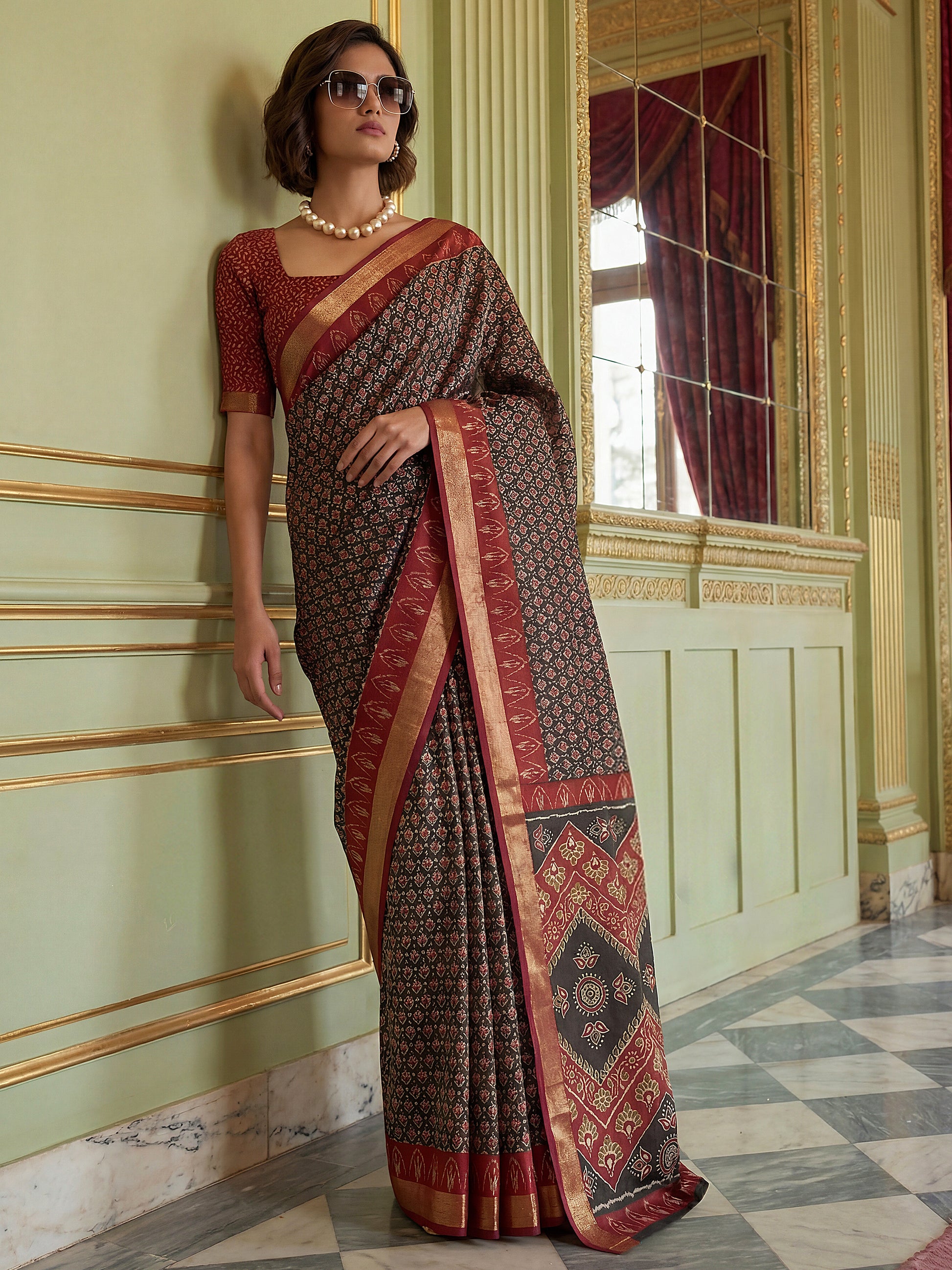 Fabulous Blue Digital Printed Silk Office Wear Saree With Blouse