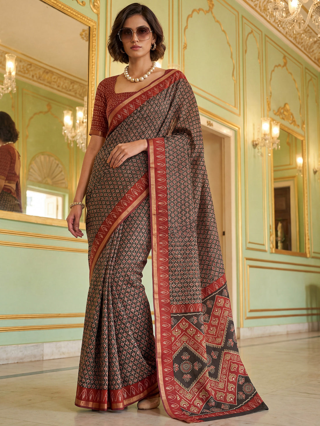 Fabulous Red Digital Printed Silk Office Wear Saree With Blouse