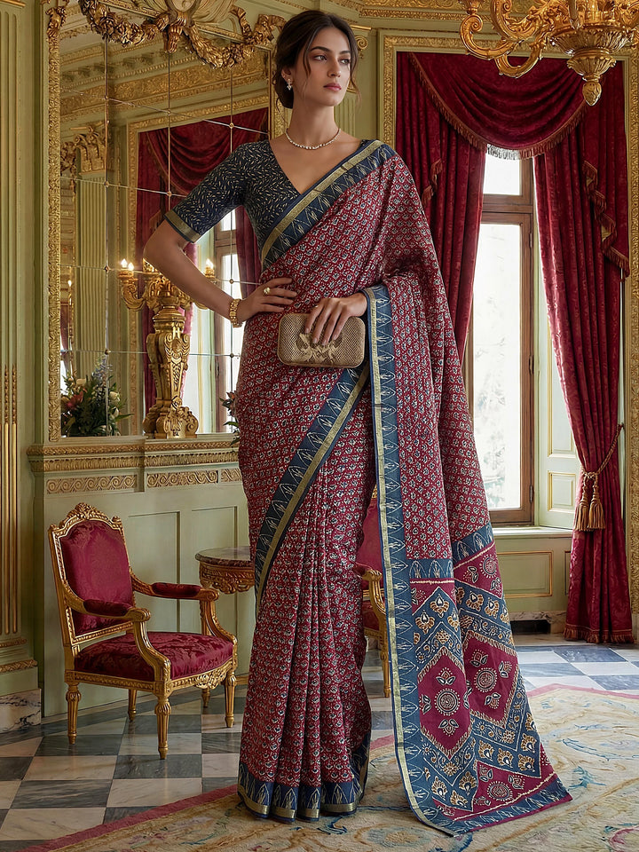 Lavishing Wine Digital Printed Silk Event Wear Saree With Blouse