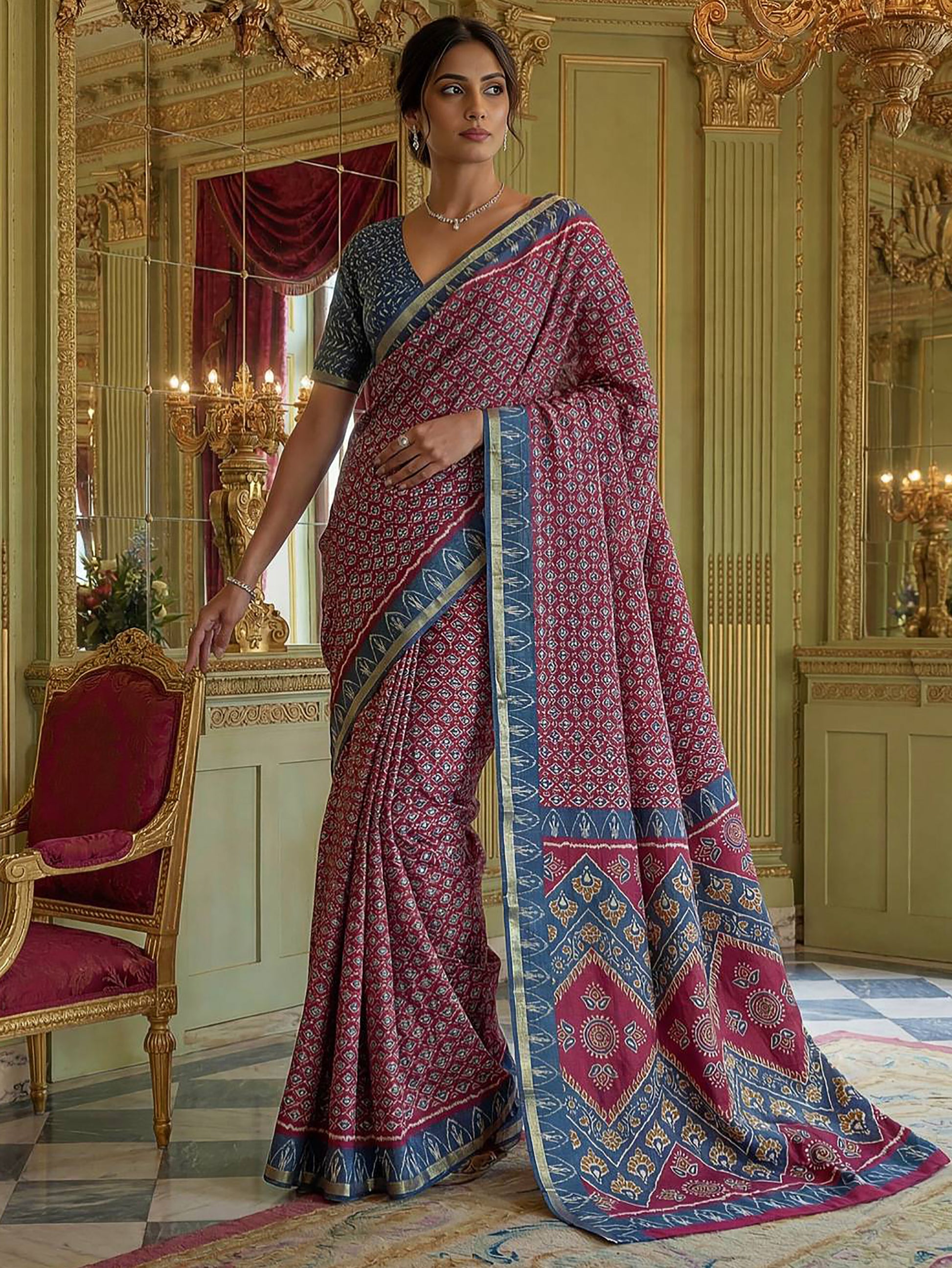 Lavishing Wine Digital Printed Silk Event Wear Saree With Blouse