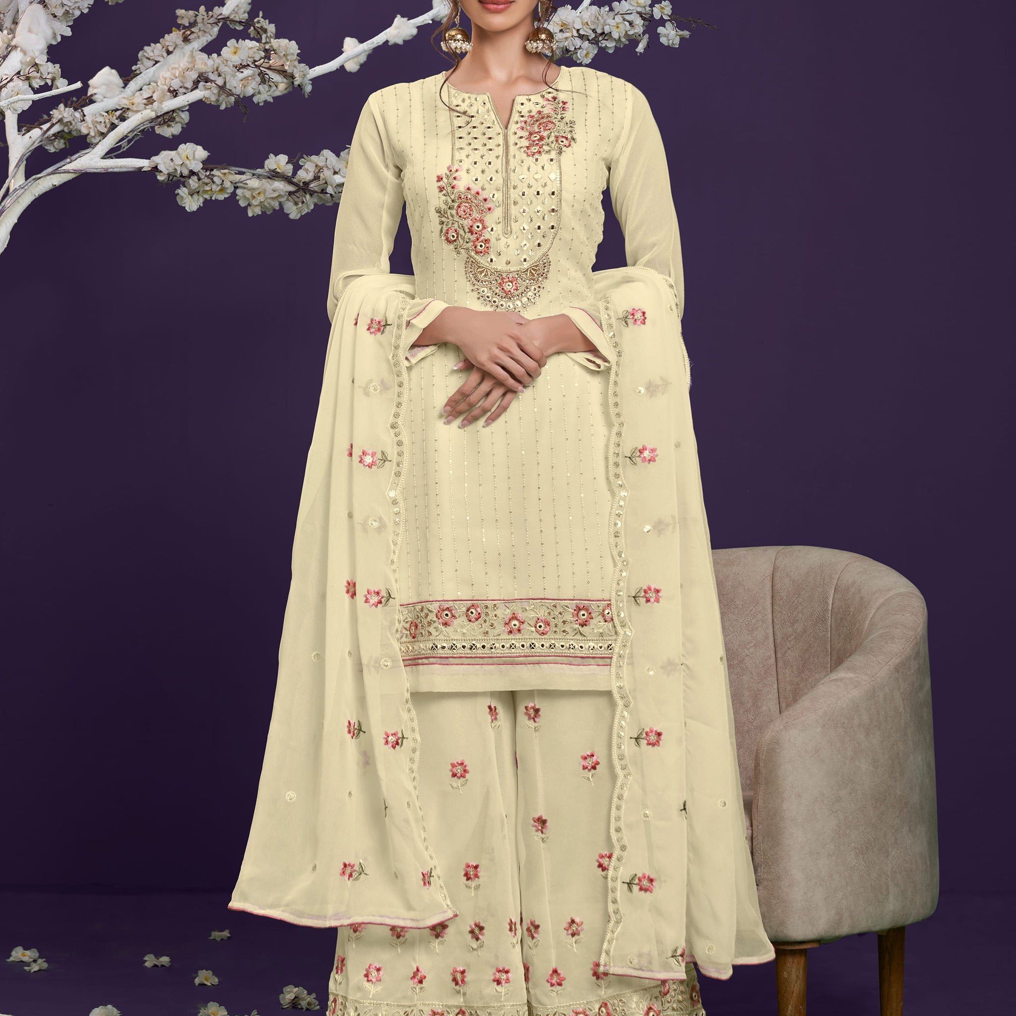 Gorgeous Yellow Sequins Work Georgette Party Wear Sharara Suit