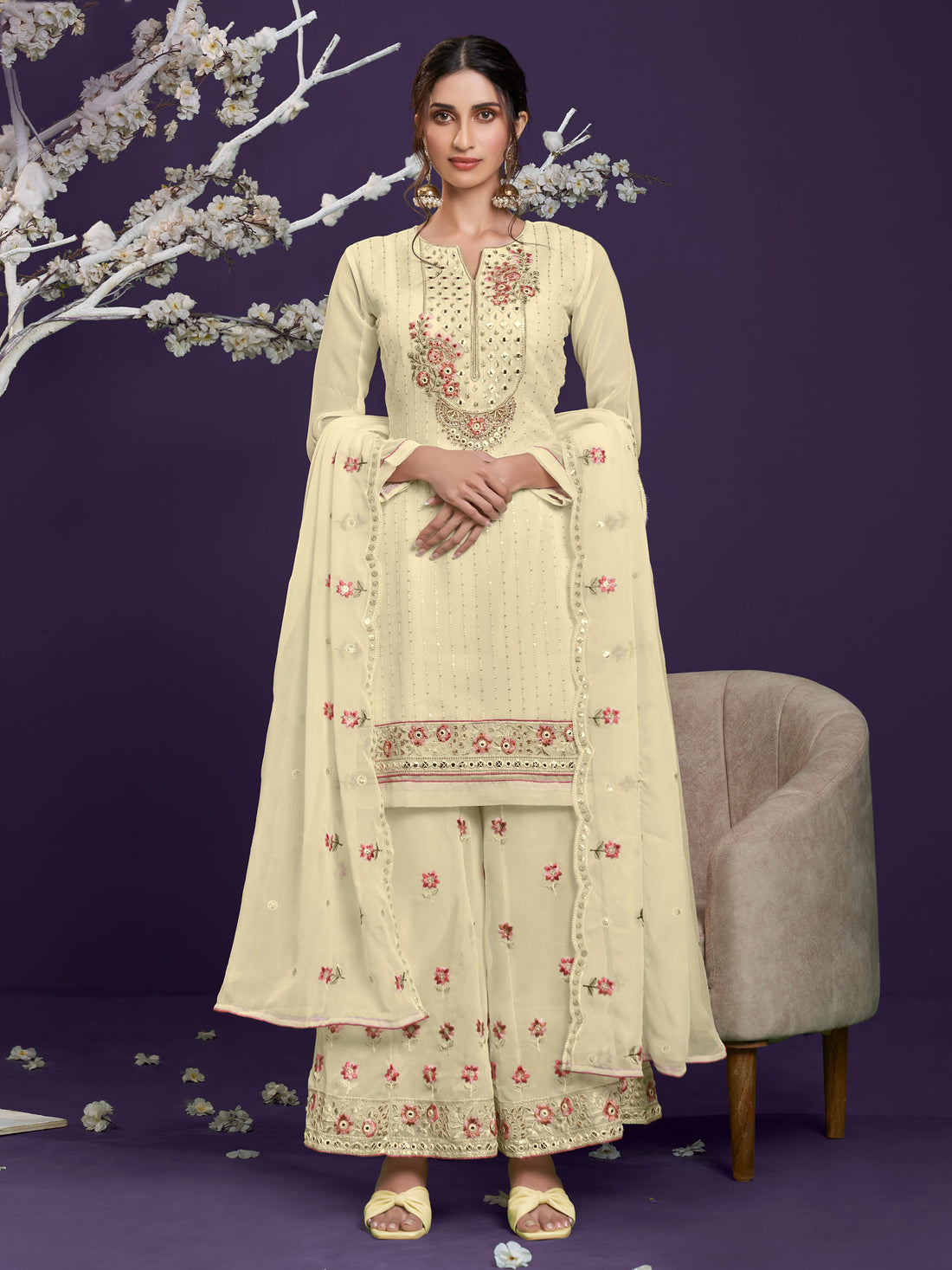 Gorgeous Yellow Sequins Work Georgette Party Wear Sharara Suit