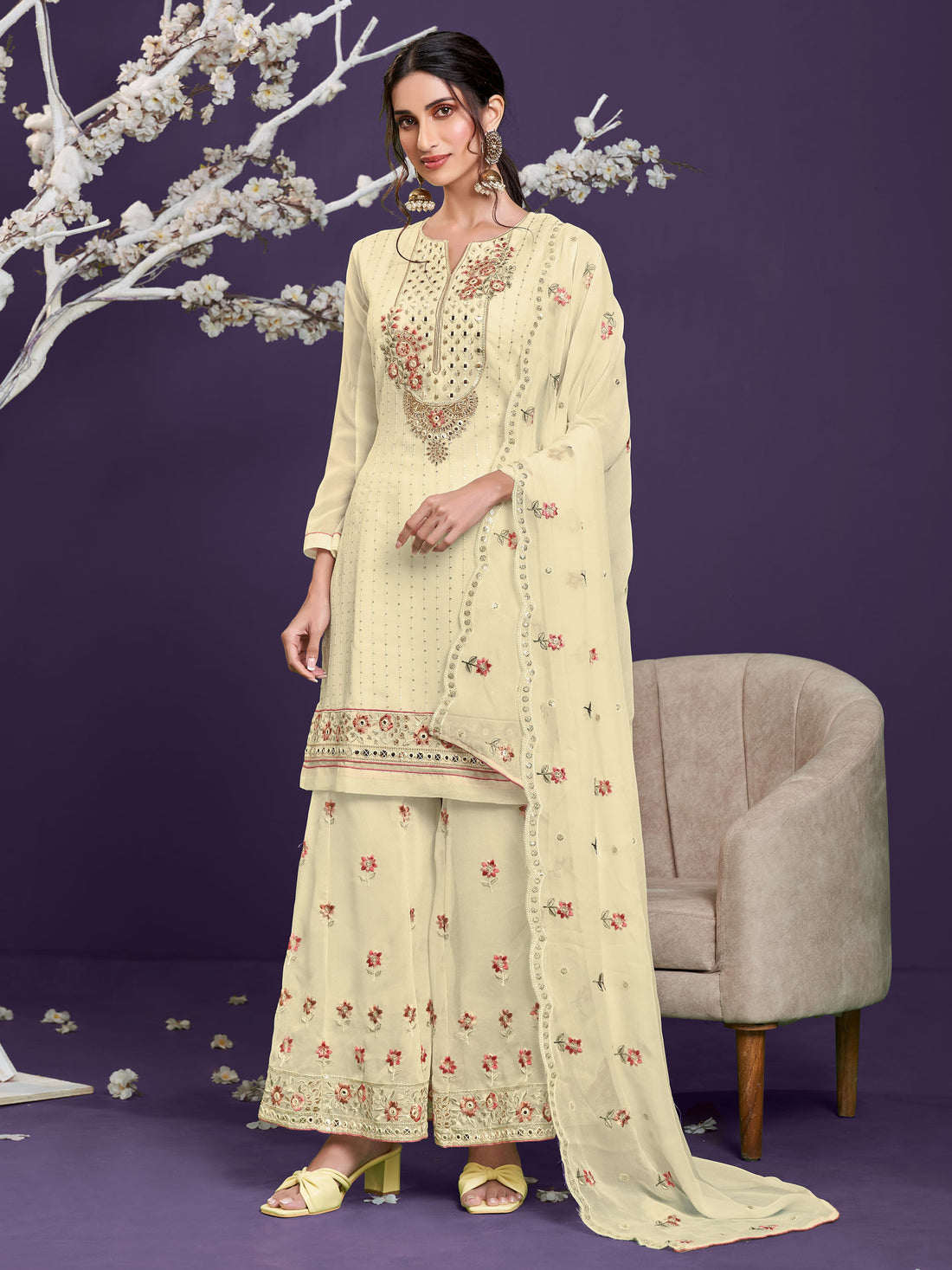 Gorgeous Yellow Sequins Work Georgette Party Wear Sharara Suit