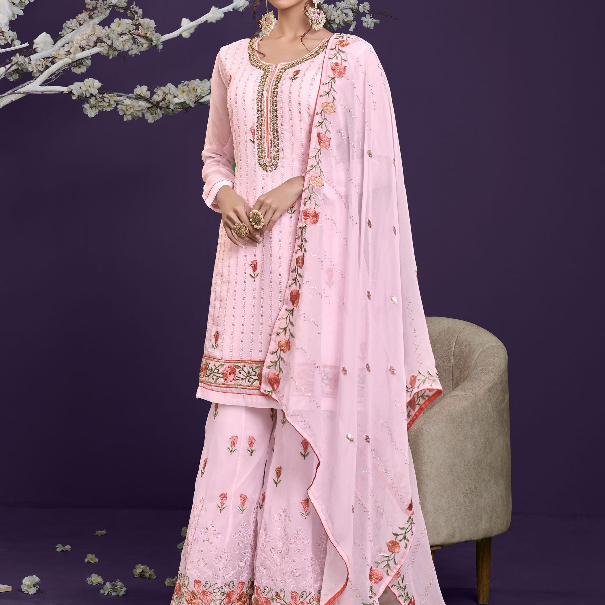 Enchanting Blush Thread Work Georgette Party Wear Sharara Suit