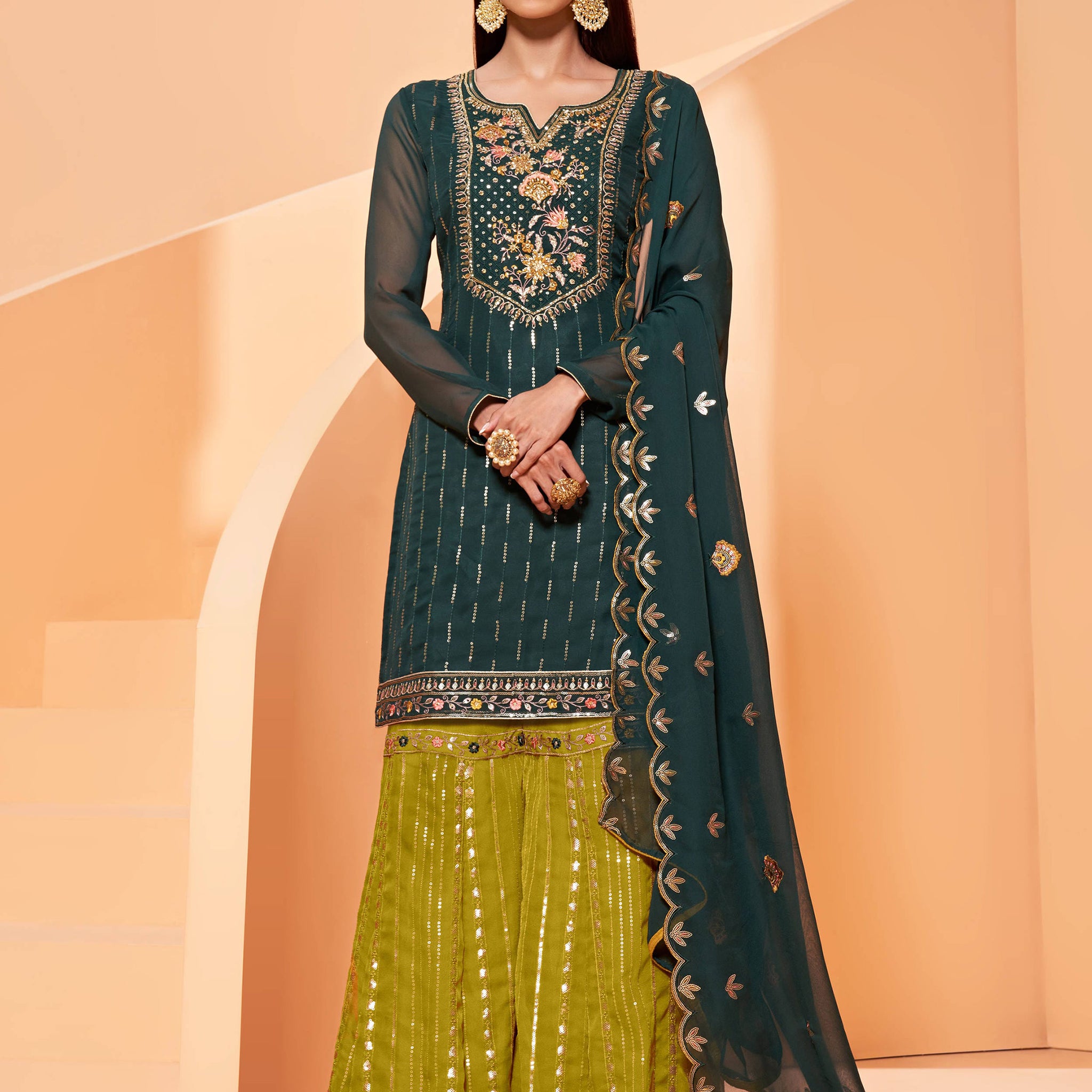 Charming Dark Green Sequins Georgette Festival Wear Sharara Suit