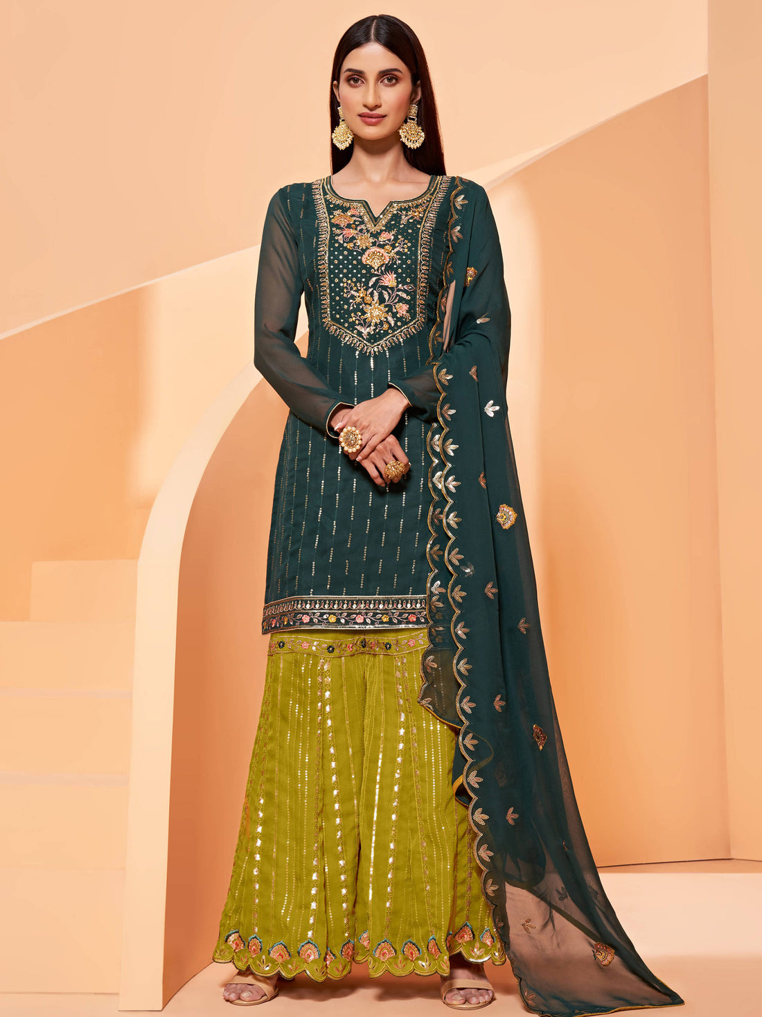 Charming Dark Green Sequins Georgette Festival Wear Sharara Suit