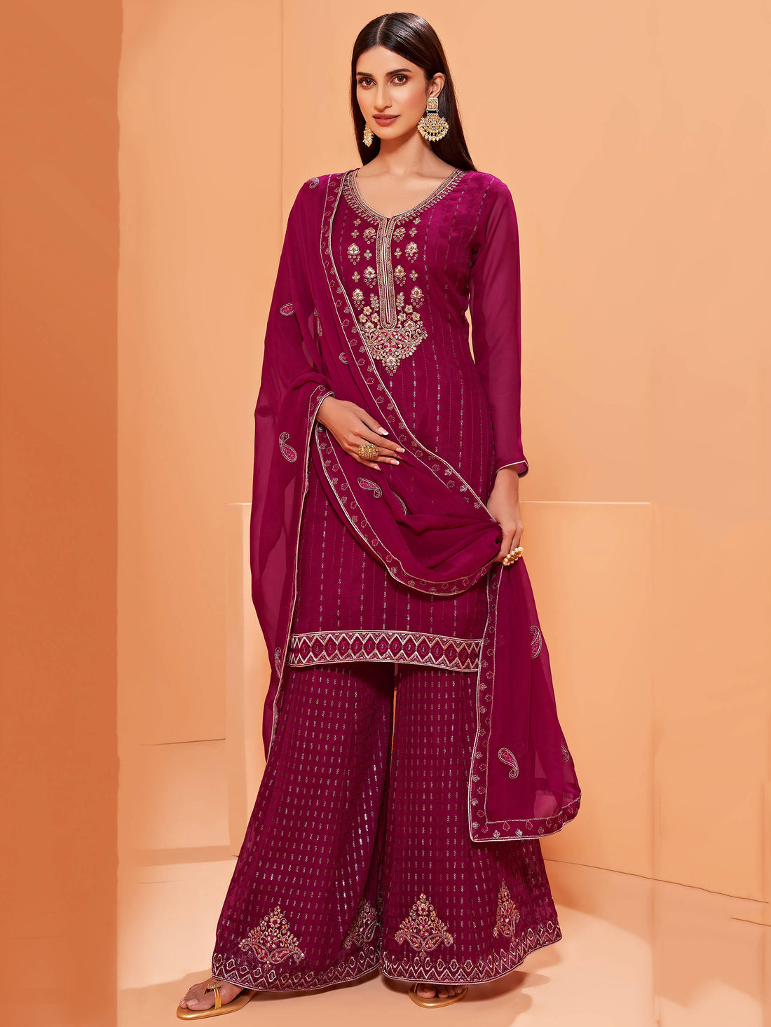 Alluring Magenta Sequins Work Georgette Festival Wear Sharara Suit
