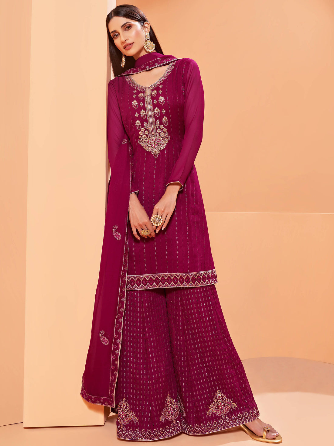 Alluring Magenta Sequins Work Georgette Festival Wear Sharara Suit