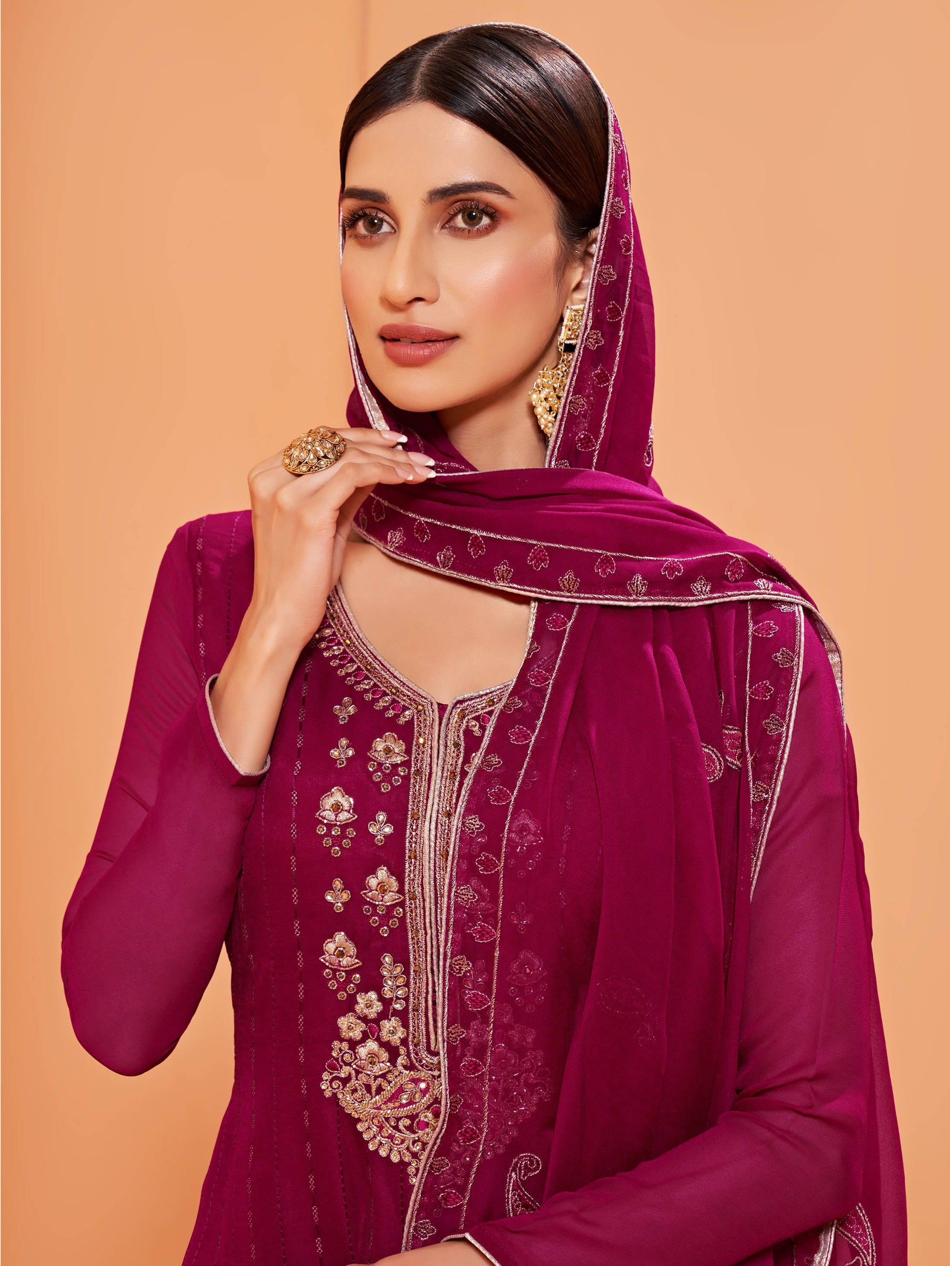 Alluring Magenta Sequins Work Georgette Festival Wear Sharara Suit