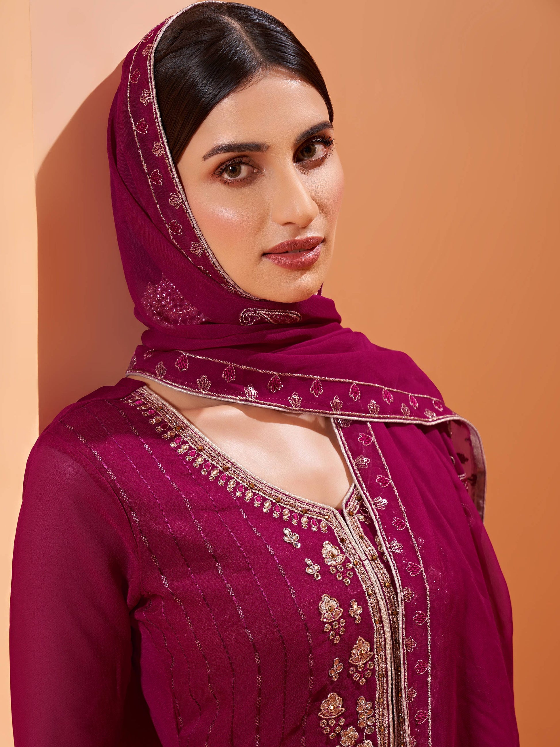 Alluring Magenta Sequins Work Georgette Festival Wear Sharara Suit