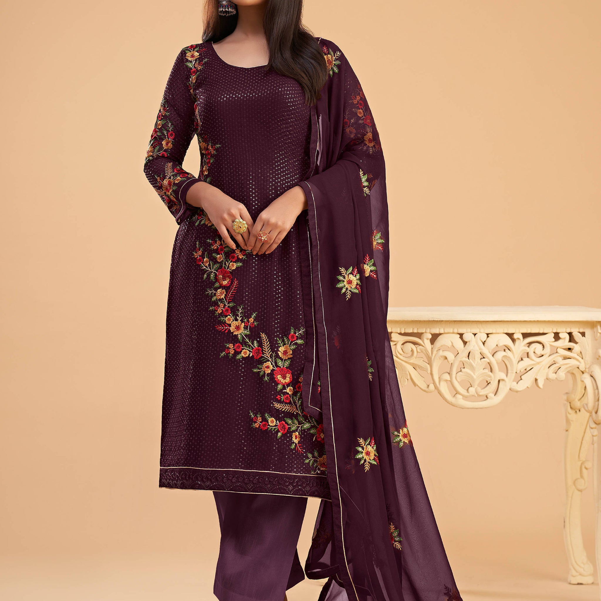 Superb Wine Thread Embroidered Georgette Salwar Suit
