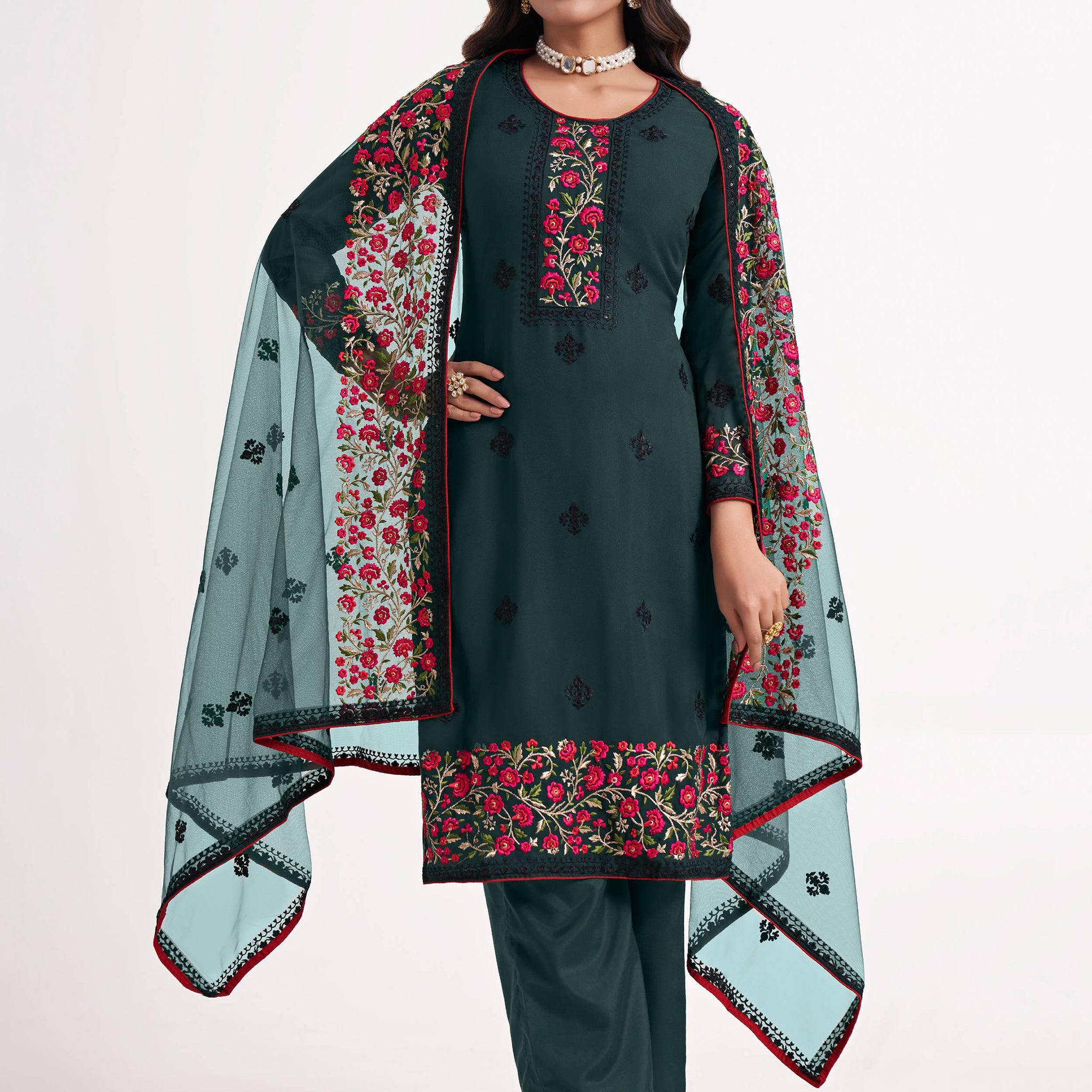 Superb Green Thread Embroidered Georgette Salwar Suit