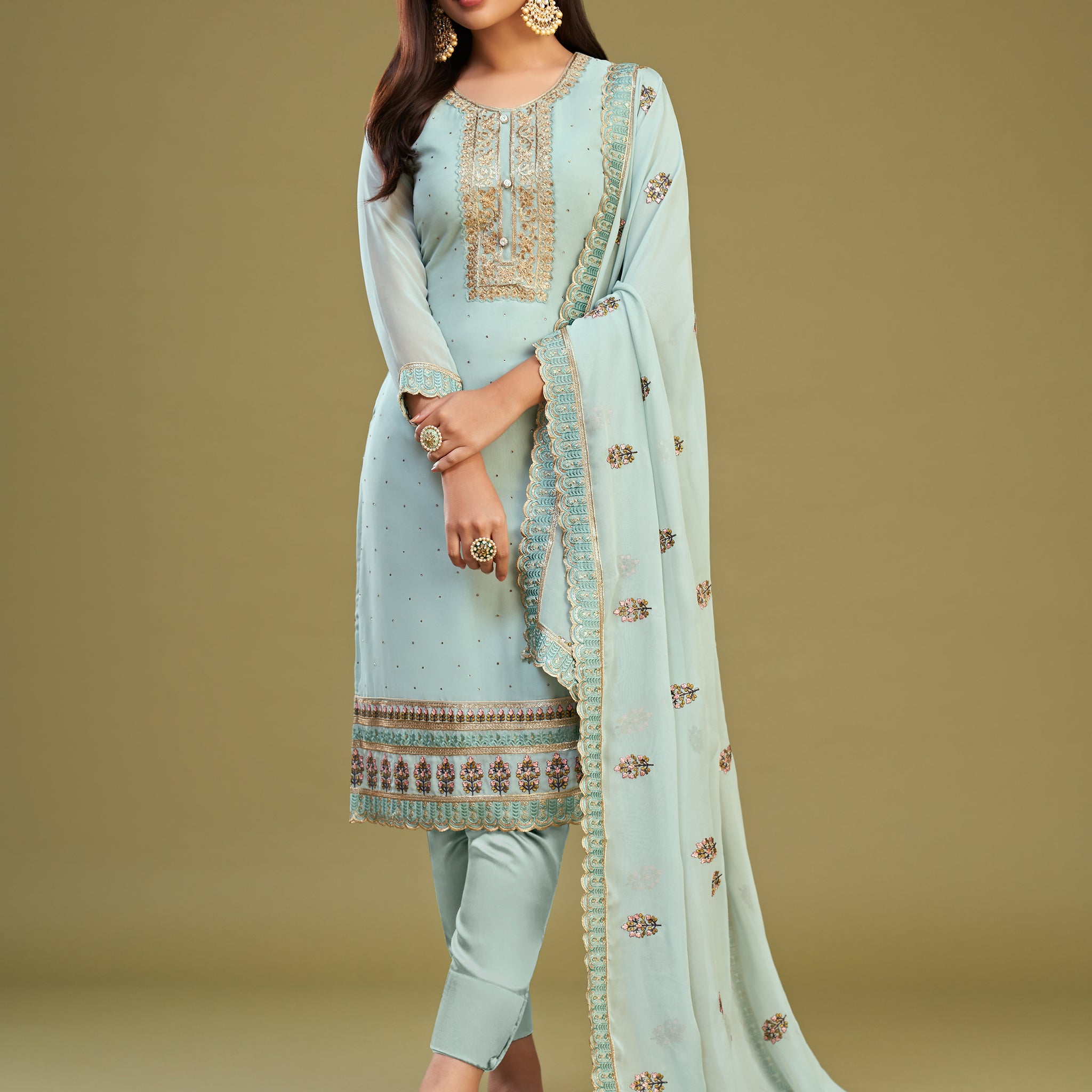 Fetching Sky-Blue Multi-Thread Work Georgette Festive Wear Salwar Kameez