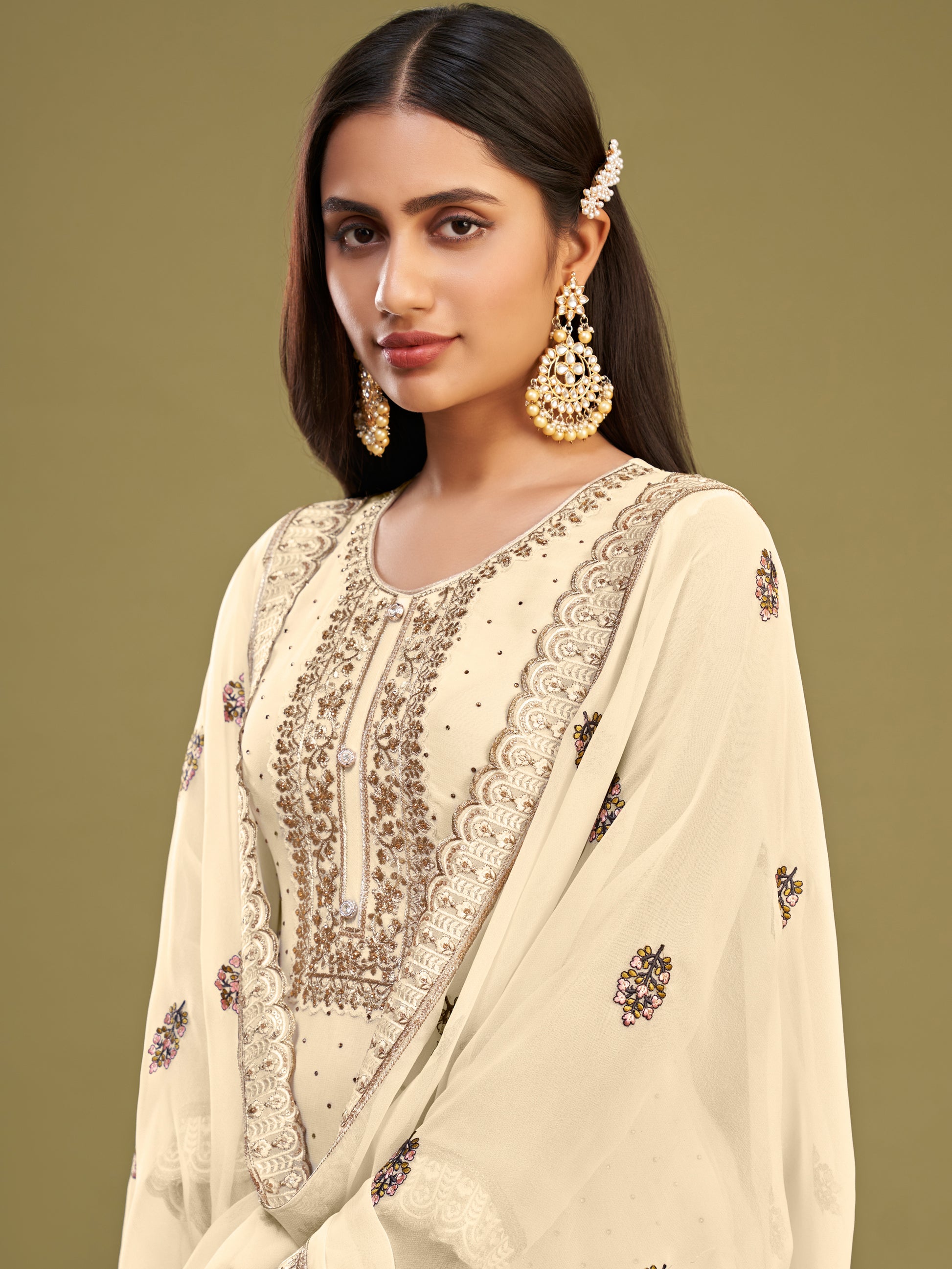 Pretty Beige Multi-Thread Work Georgette Traditional Salwar Kameez