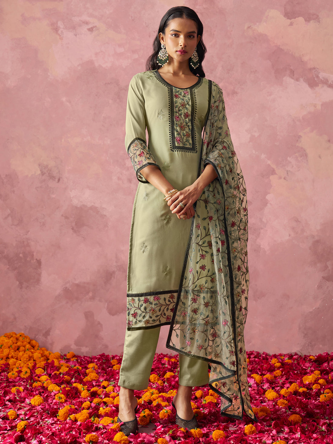 Charming Pista Green Thread Embroidery Georgette Pant Suit