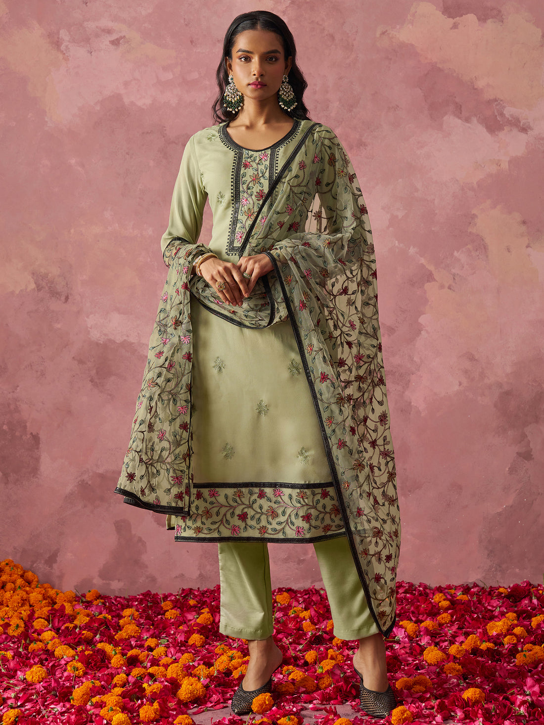 Charming Pista Green Thread Embroidery Georgette Pant Suit