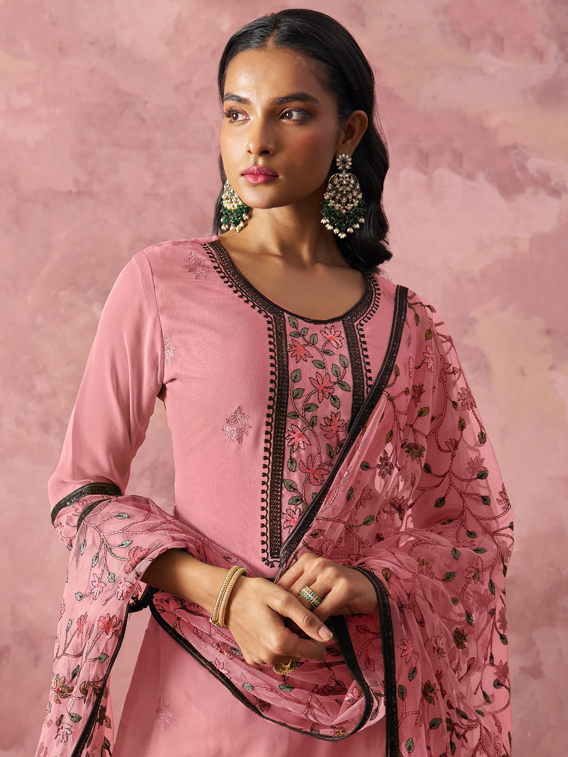 Lovable Pink Thread Work Georgette Casual Wear Pant Suit With Dupatta