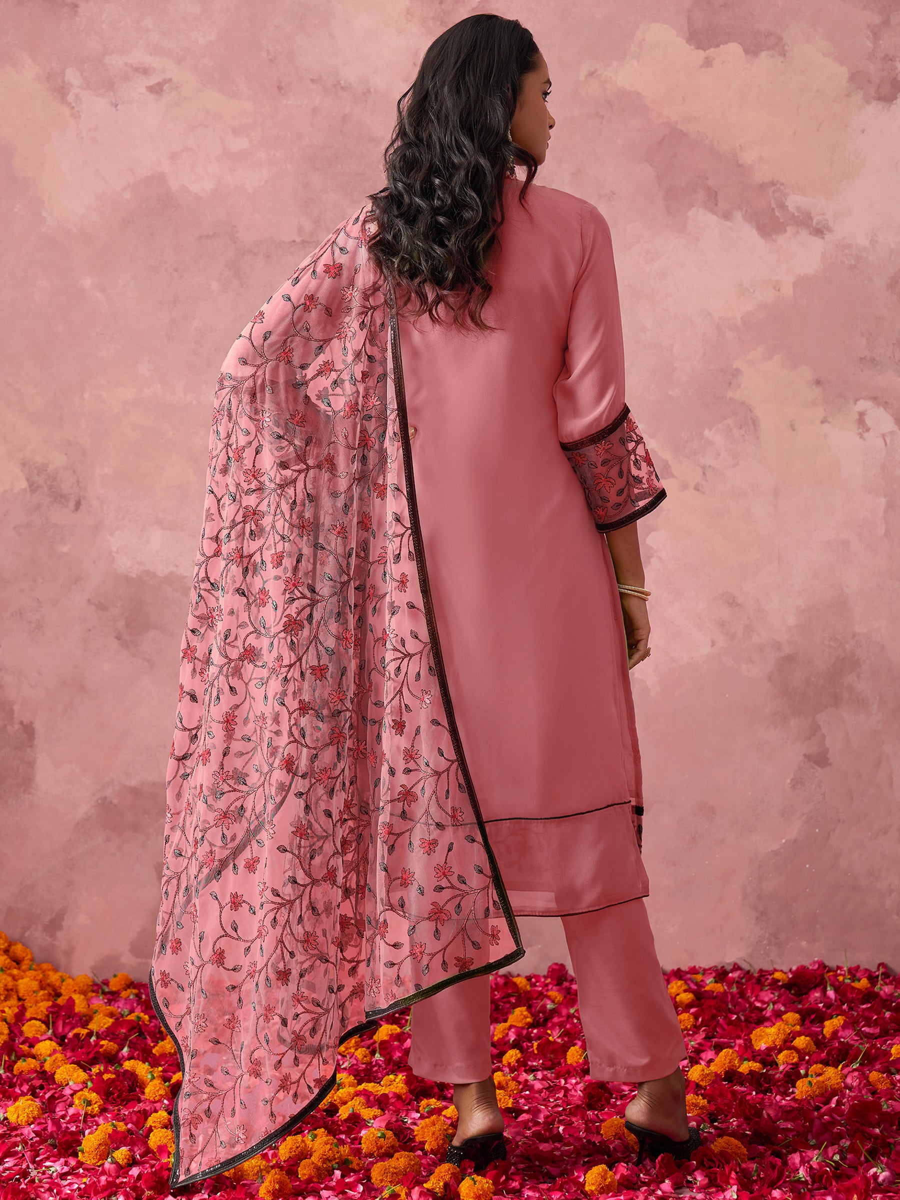 Lovable Pink Thread Work Georgette Casual Wear Pant Suit With Dupatta