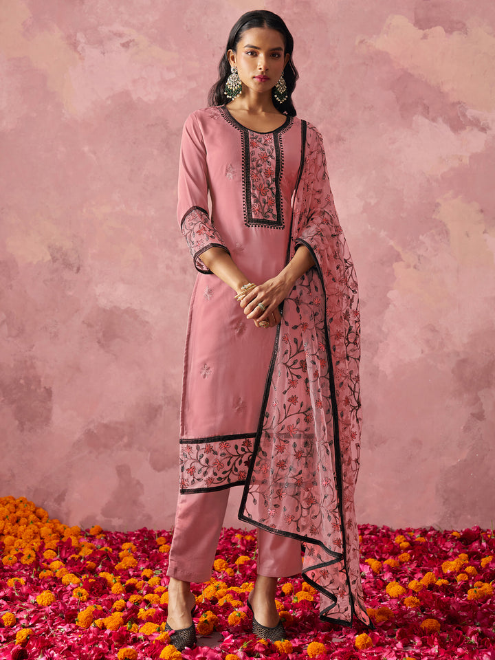 Lovable Pink Thread Work Georgette Casual Wear Pant Suit With Dupatta