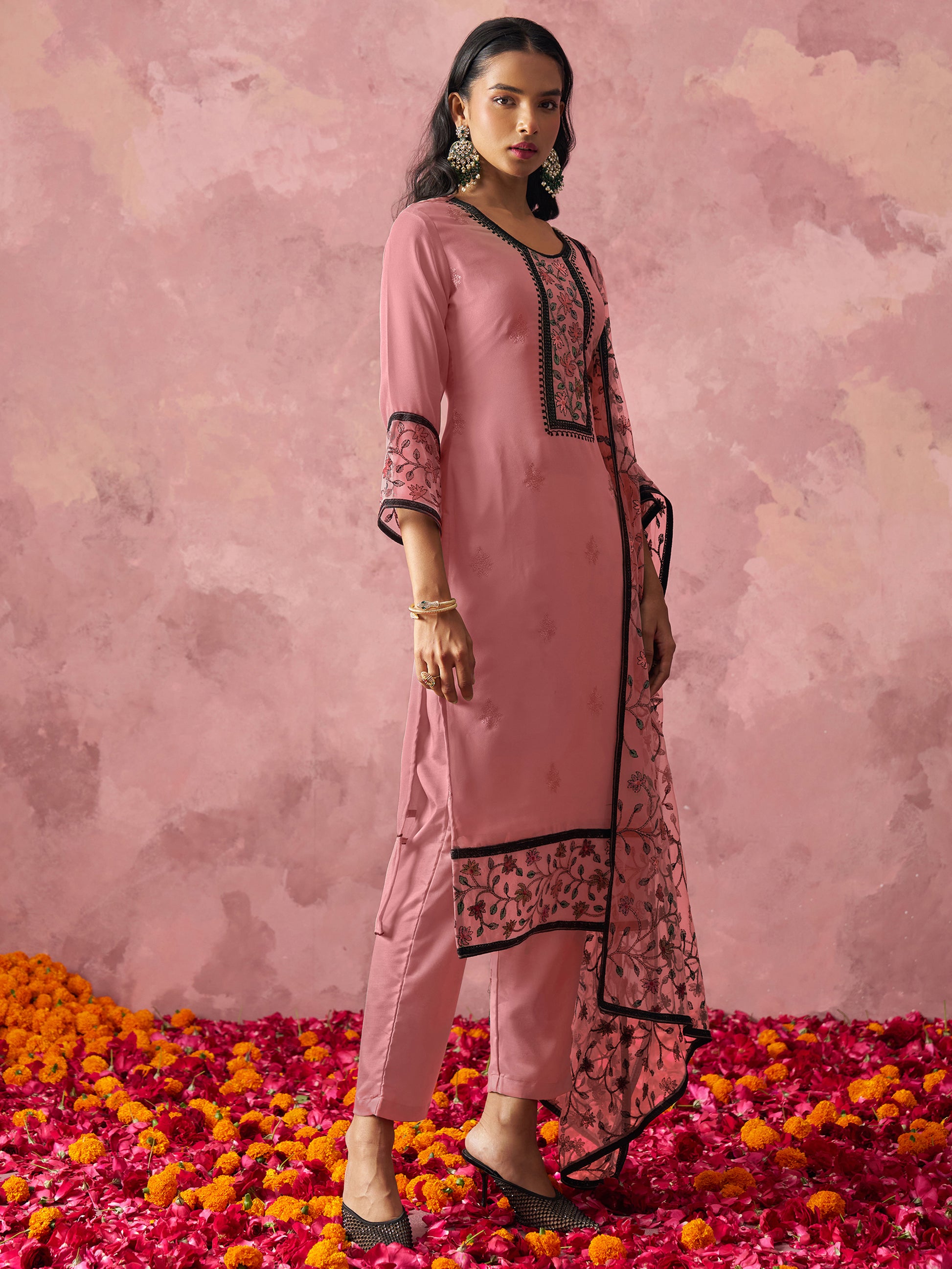 Lovable Pink Thread Work Georgette Casual Wear Pant Suit With Dupatta