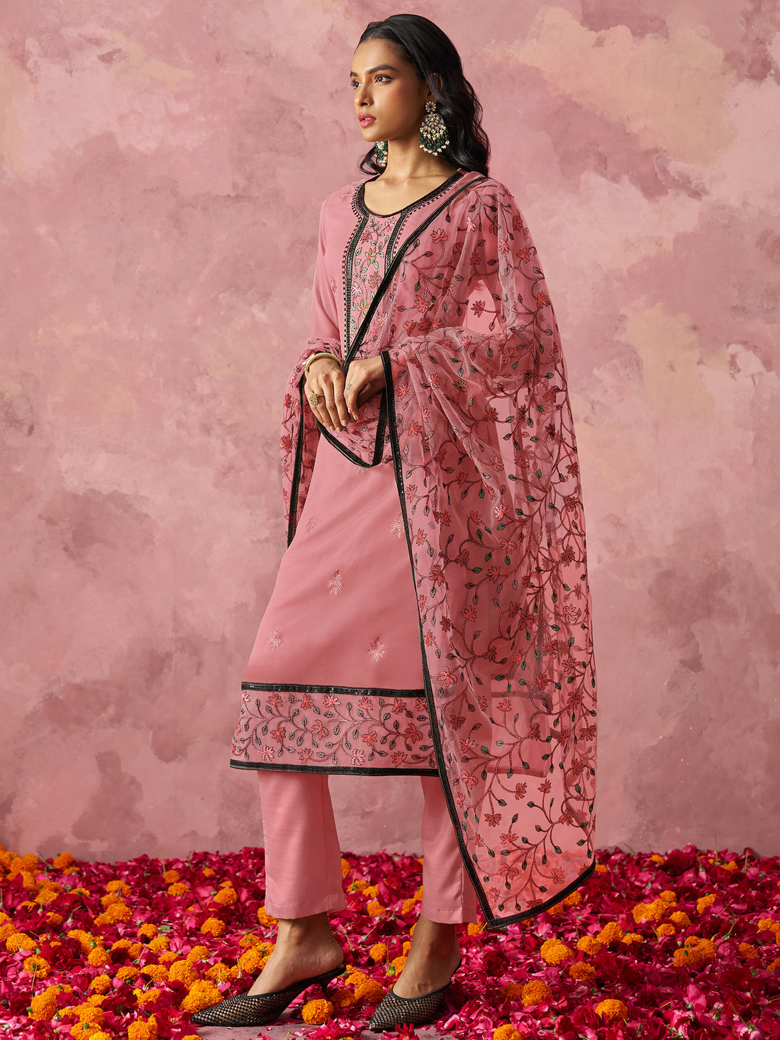 Lovable Pink Thread Work Georgette Casual Wear Pant Suit With Dupatta