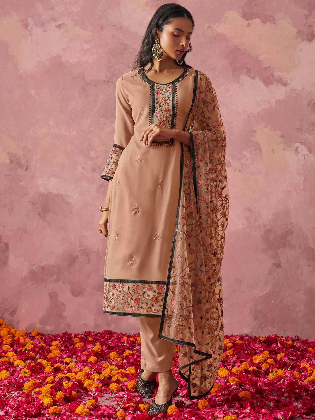 Astonishing brown Thread Work Georgette Festival Wear Pant Suit