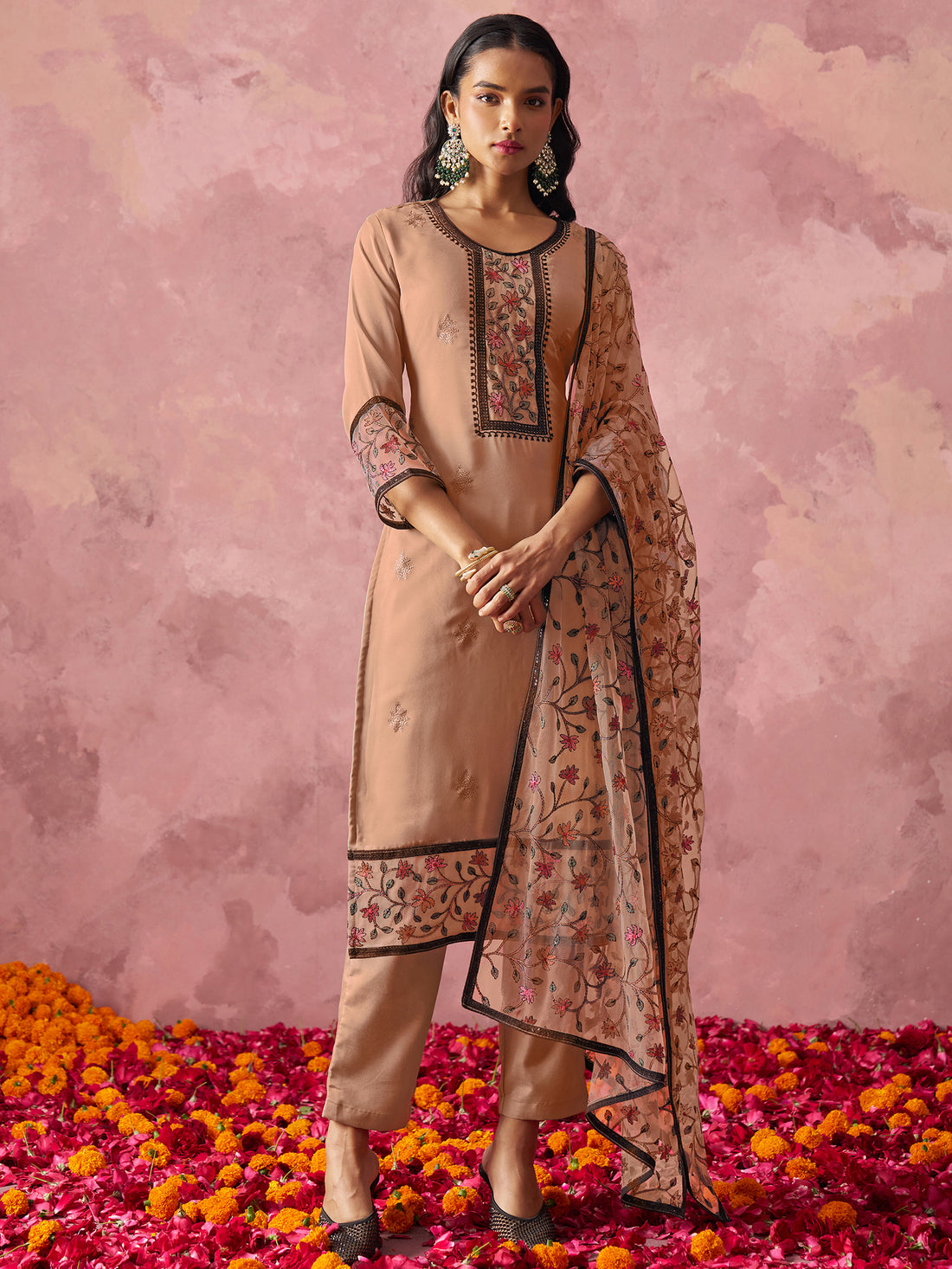 Astonishing brown Thread Work Georgette Festival Wear Pant Suit
